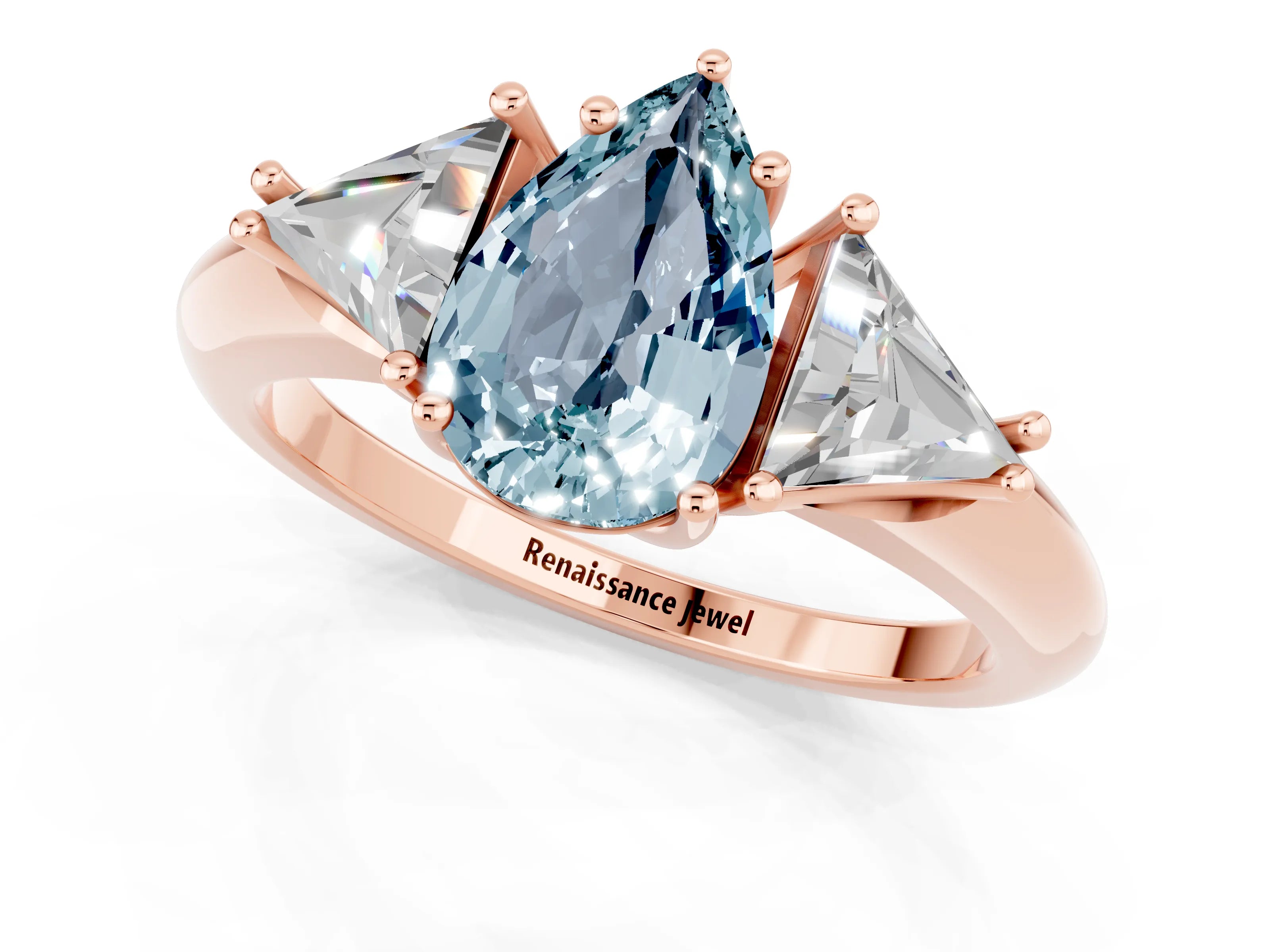 Rose gold Three-Stone Pear Cut Cut Diamond Ring with Trillion Side Stones and Four-Prong Setting_1