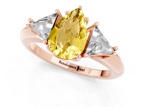 Rose gold Three-Stone Pear Cut Yellow Sapphire Engagement Ring with Trillion Side Stones and Prong Setting