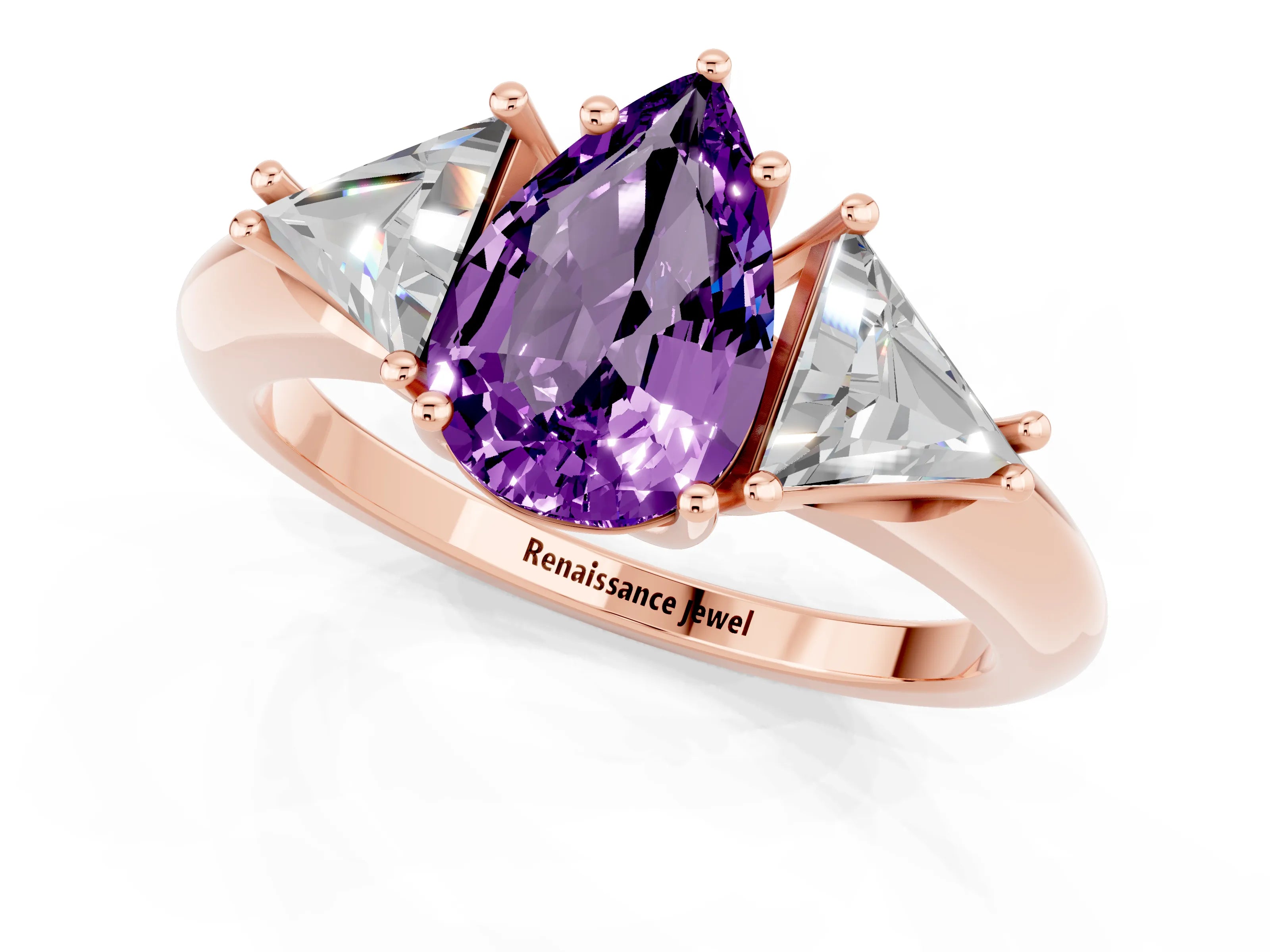 Rose gold Three-Stone Pear Cut Cut Diamond Ring with Trillion Side Stones and Four-Prong Setting_1
