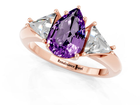 Rose gold Three-Stone Pear Cut Cut Diamond Ring with Trillion Side Stones and Four-Prong Setting_1