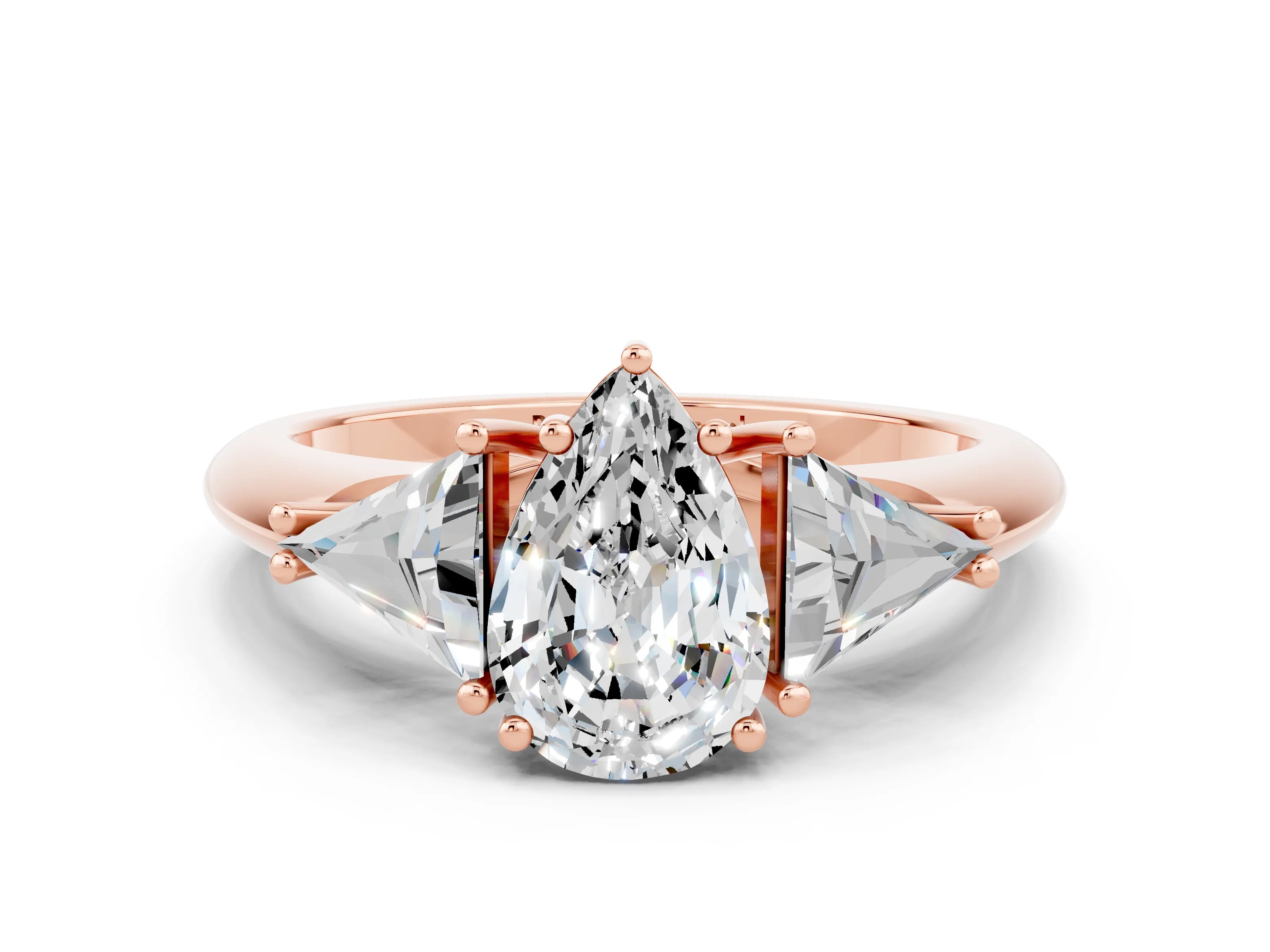 Rose gold Three-Stone Pear Cut Cut Diamond Ring with Trillion Side Stones and Four-Prong Setting