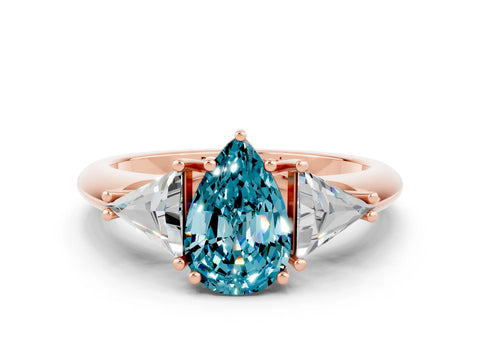 Rose gold Three-Stone Pear Cut Cut Diamond Ring with Trillion Side Stones and Four-Prong Setting
