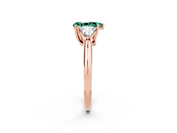Rose gold Three-Stone Pear Cut Green Sapphire Engagement Ring with Trillion Side Stones and Prong Setting