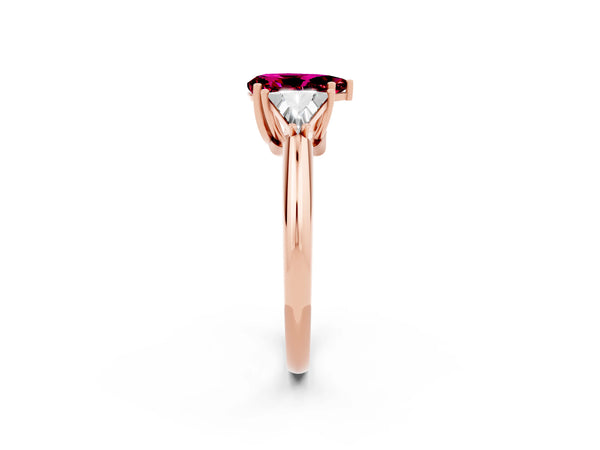 Rose gold Three-Stone Pear Cut Garnet Engagement Ring with Trillion Side Stones and Prong Setting