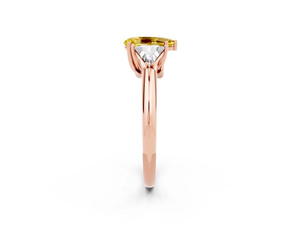 Rose gold Three-Stone Pear Cut Yellow Sapphire Engagement Ring with Trillion Side Stones and Prong Setting