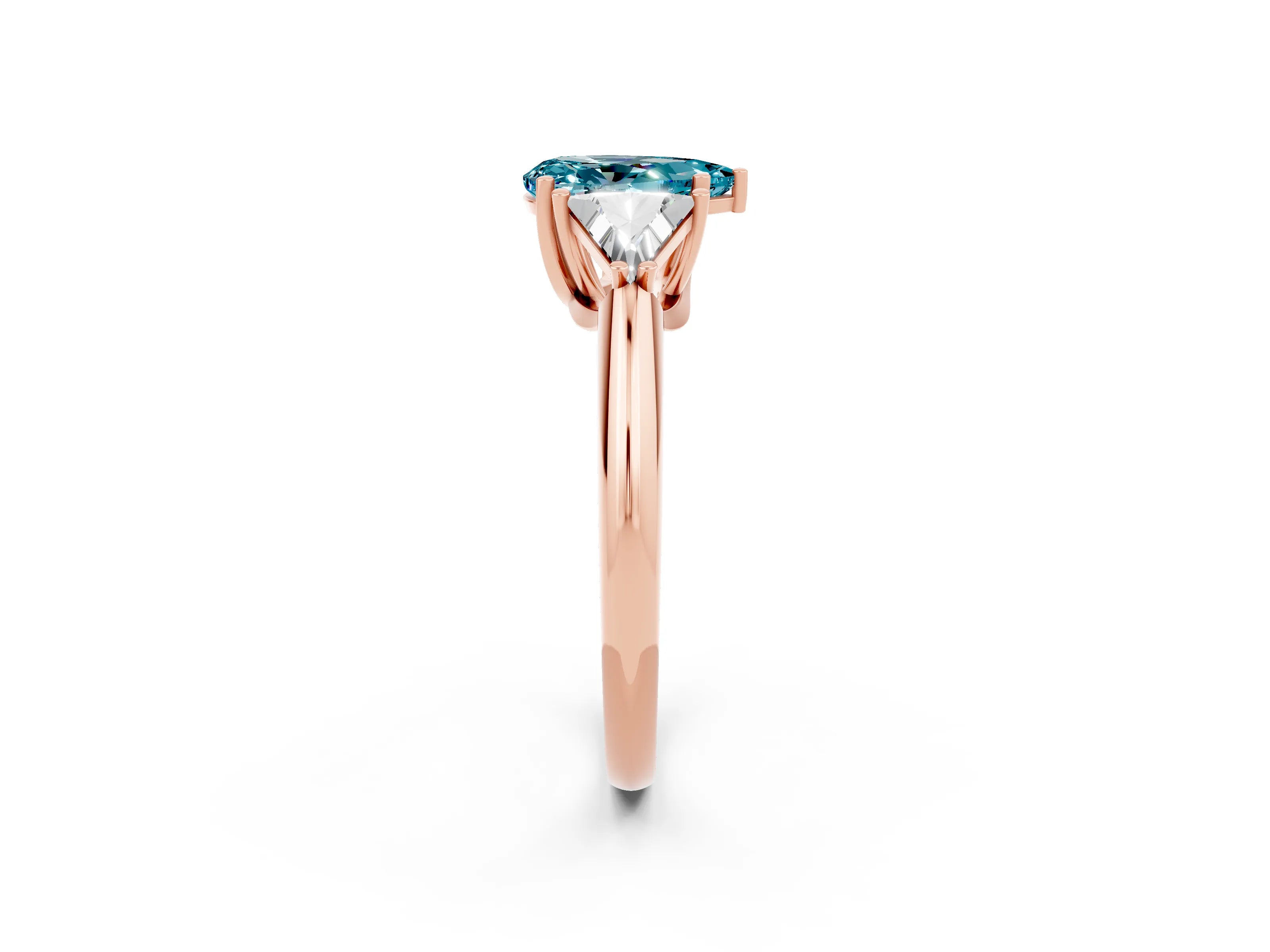 Rose gold Three-Stone Pear Cut Cut Diamond Ring with Trillion Side Stones and Four-Prong Setting_2