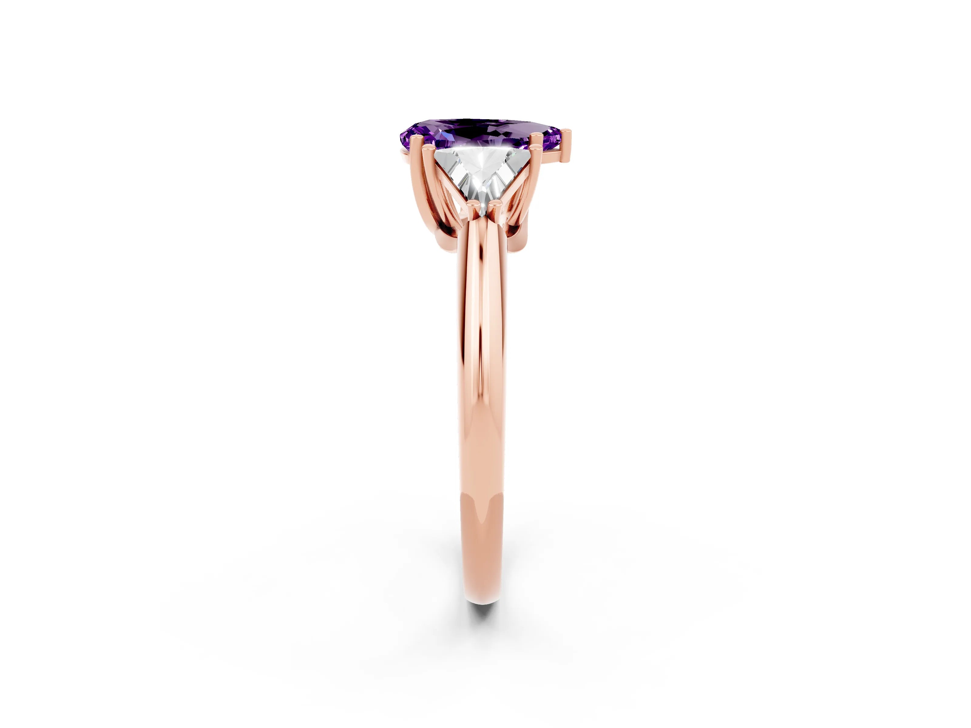 Rose gold Three-Stone Pear Cut Cut Diamond Ring with Trillion Side Stones and Four-Prong Setting_2