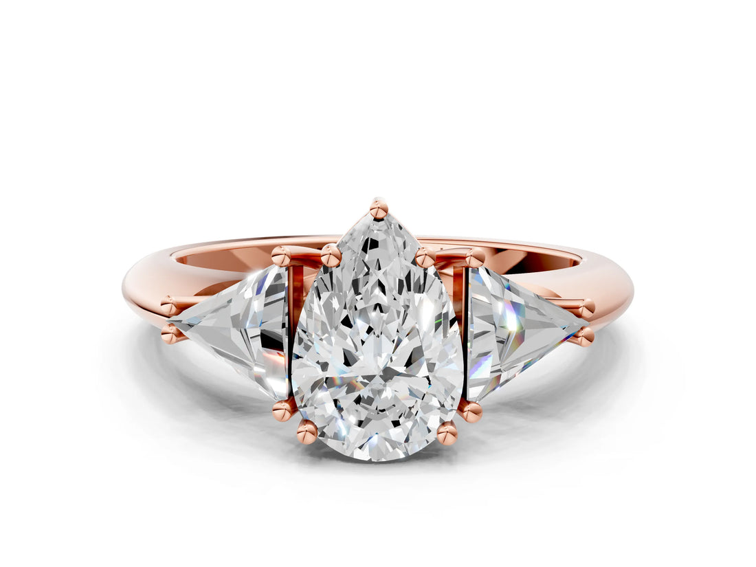 Rose gold Three-Stone Pear Cut Cut Diamond Ring with Trillion Side Stones and Four-Prong Setting_3