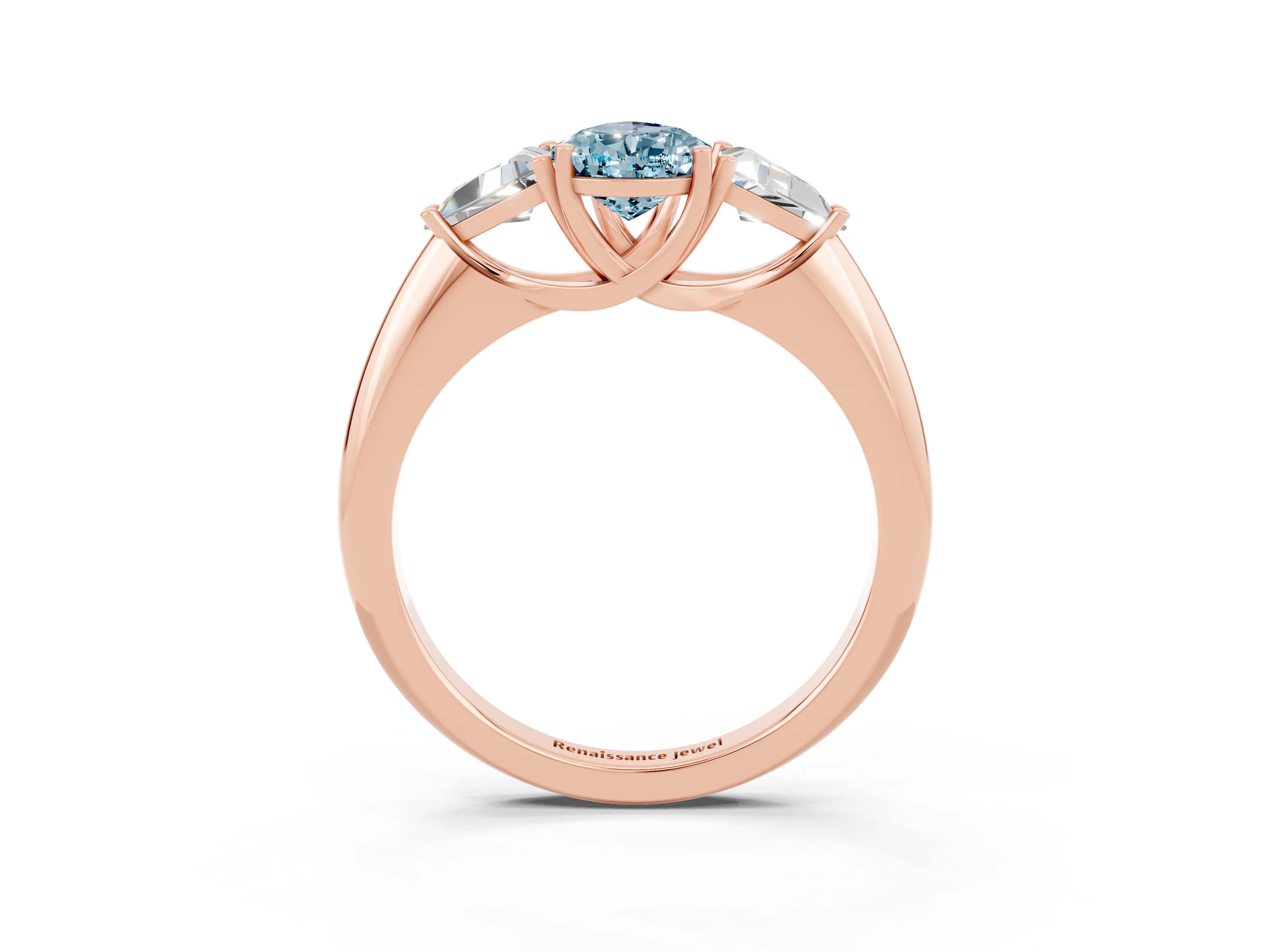 Rose gold Three-Stone Pear Cut Cut Diamond Ring with Trillion Side Stones and Four-Prong Setting_3
