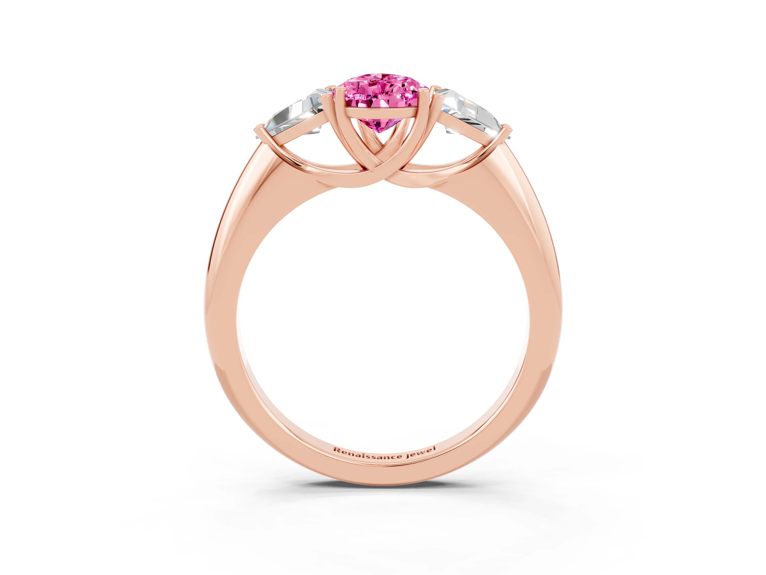 Rose gold Three-Stone Pear Cut Cut Diamond Ring with Trillion Side Stones and Four-Prong Setting_3