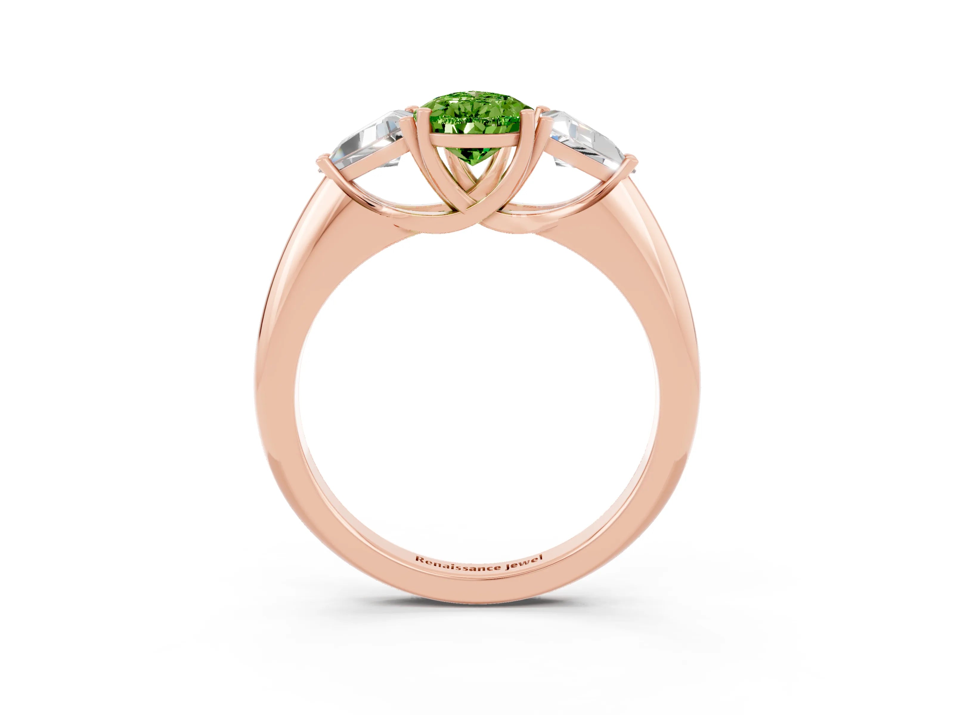 Rose gold Three-Stone Pear Cut Cut Diamond Ring with Trillion Side Stones and Four-Prong Setting_3