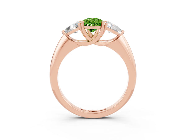 Rose gold Three-Stone Pear Cut Cut Diamond Ring with Trillion Side Stones and Four-Prong Setting