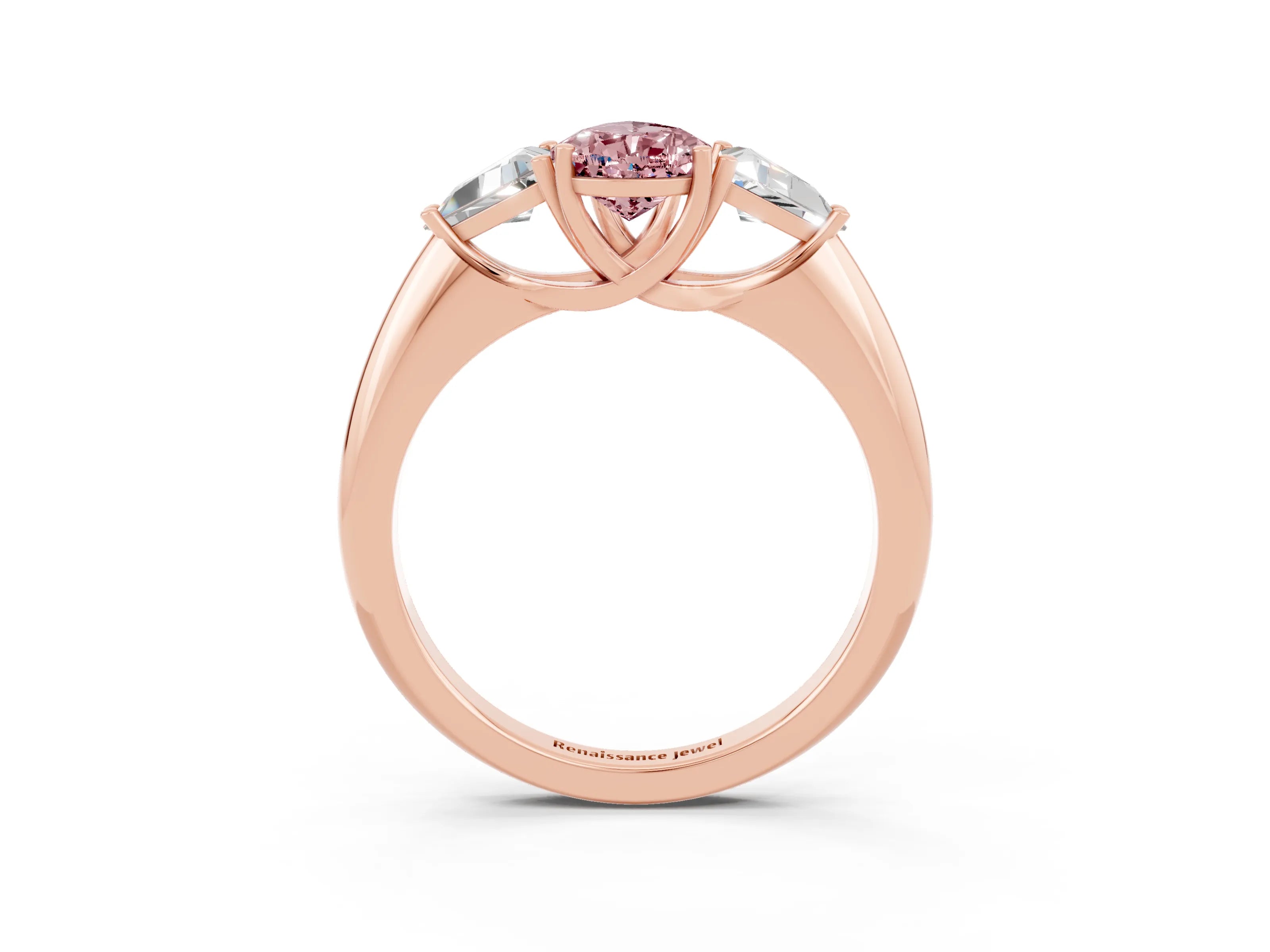 Rose gold Three-Stone Pear Cut Cut Diamond Ring with Trillion Side Stones and Four-Prong Setting_3