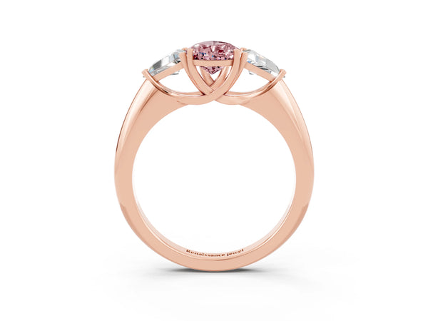 Rose gold Three-Stone Pear Cut Cut Diamond Ring with Trillion Side Stones and Four-Prong Setting