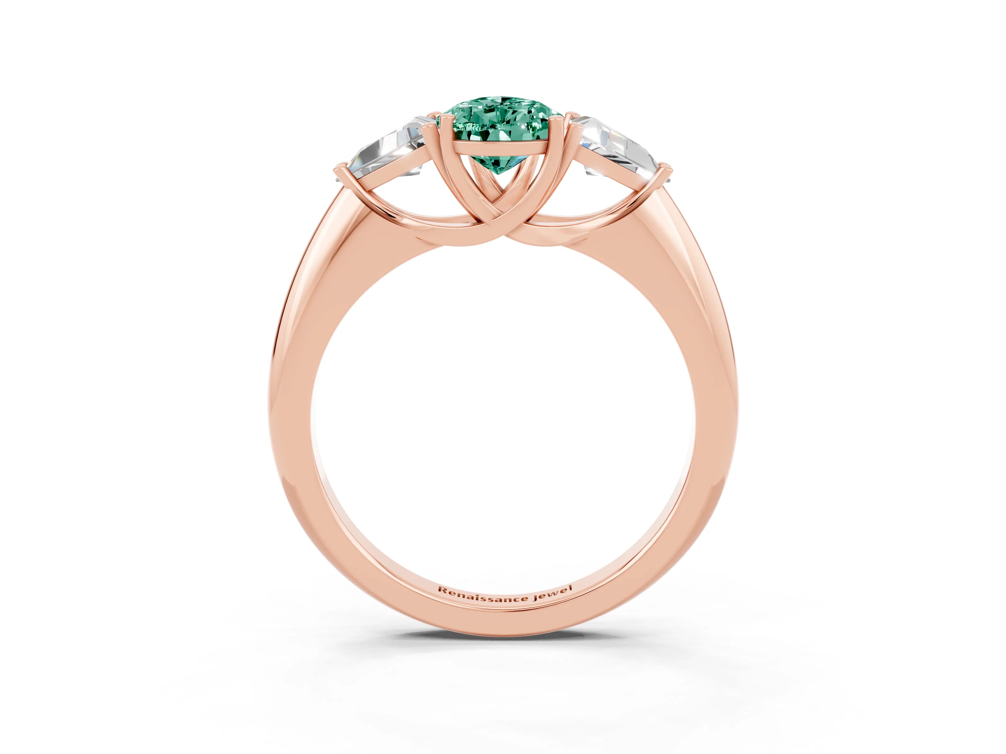 Rose gold Three-Stone Pear Cut Cut Diamond Ring with Trillion Side Stones and Four-Prong Setting_3