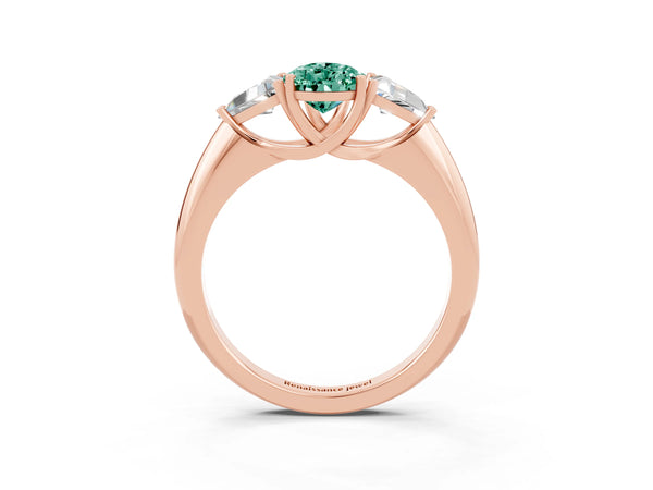 Rose gold Three-Stone Pear Cut Green Sapphire Engagement Ring with Trillion Side Stones and Prong Setting