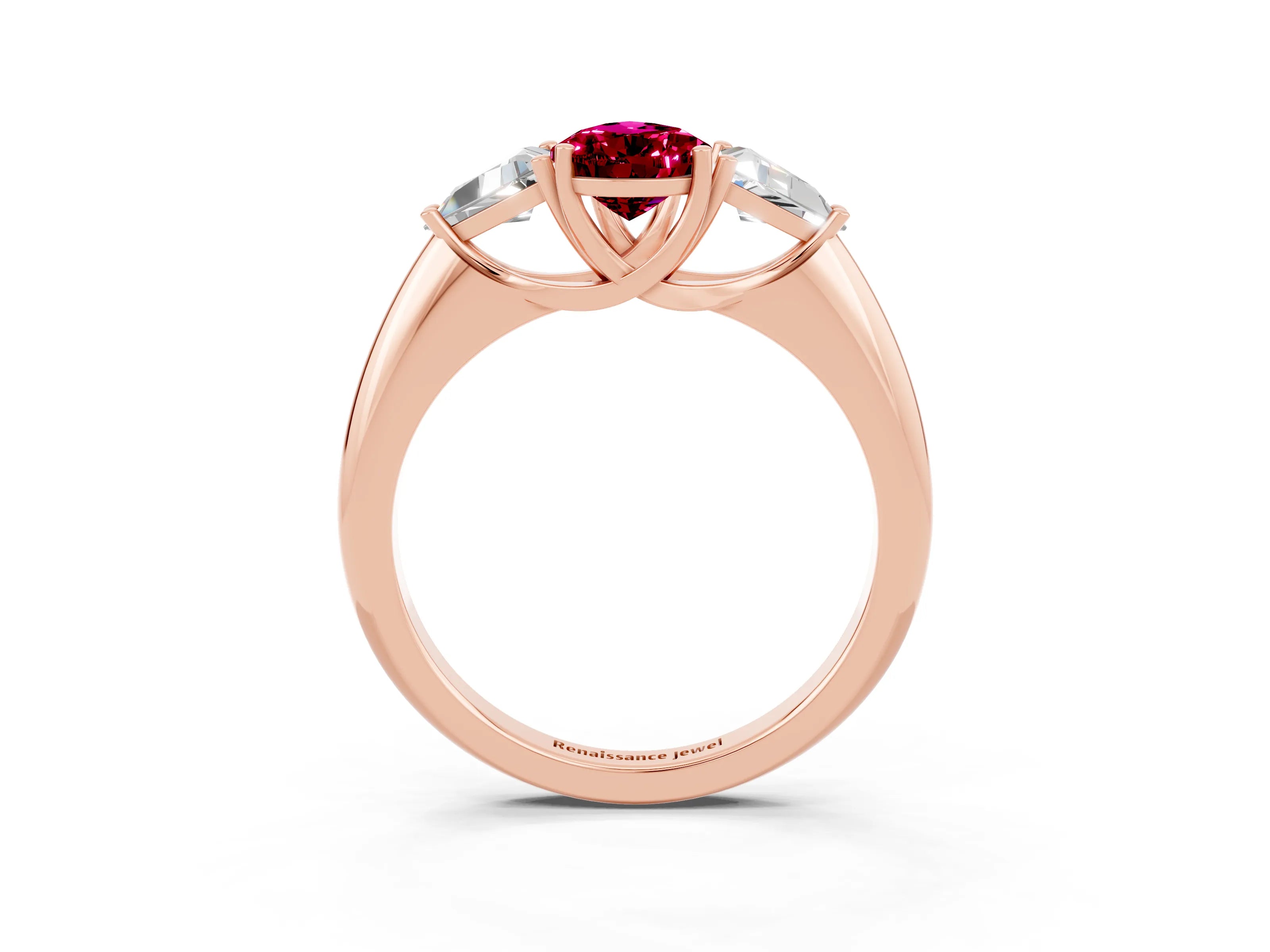 Rose gold Three-Stone Pear Cut Cut Diamond Ring with Trillion Side Stones and Four-Prong Setting_3