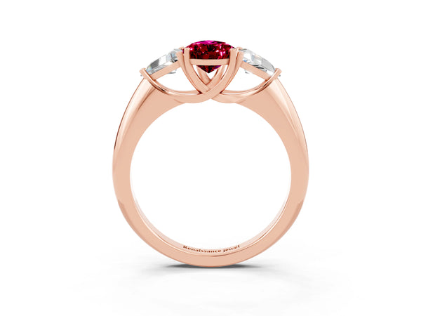 Rose gold Three-Stone Pear Cut Garnet Engagement Ring with Trillion Side Stones and Prong Setting