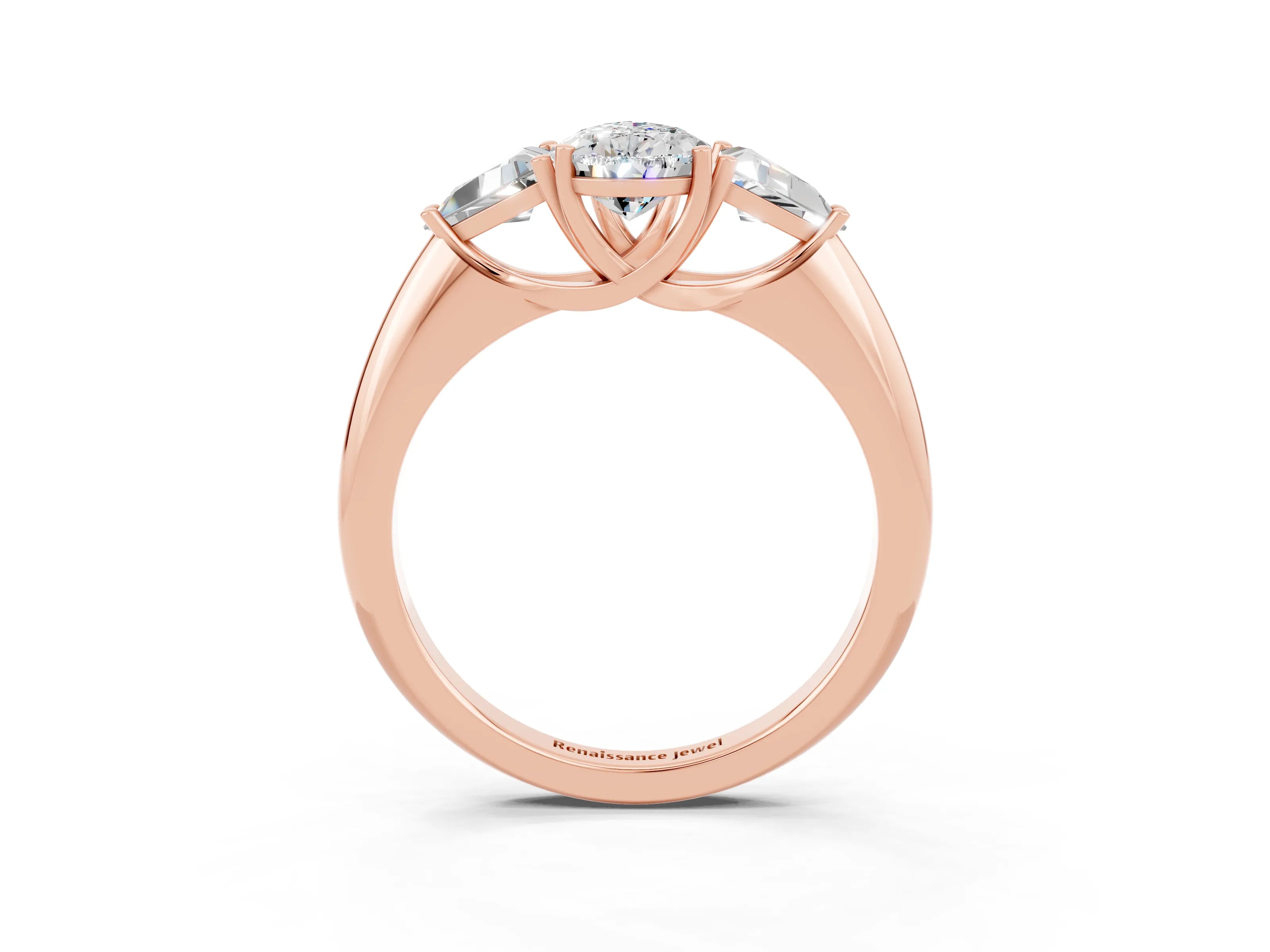 Rose gold Three-Stone Pear Cut Cut Diamond Ring with Trillion Side Stones and Four-Prong Setting_3