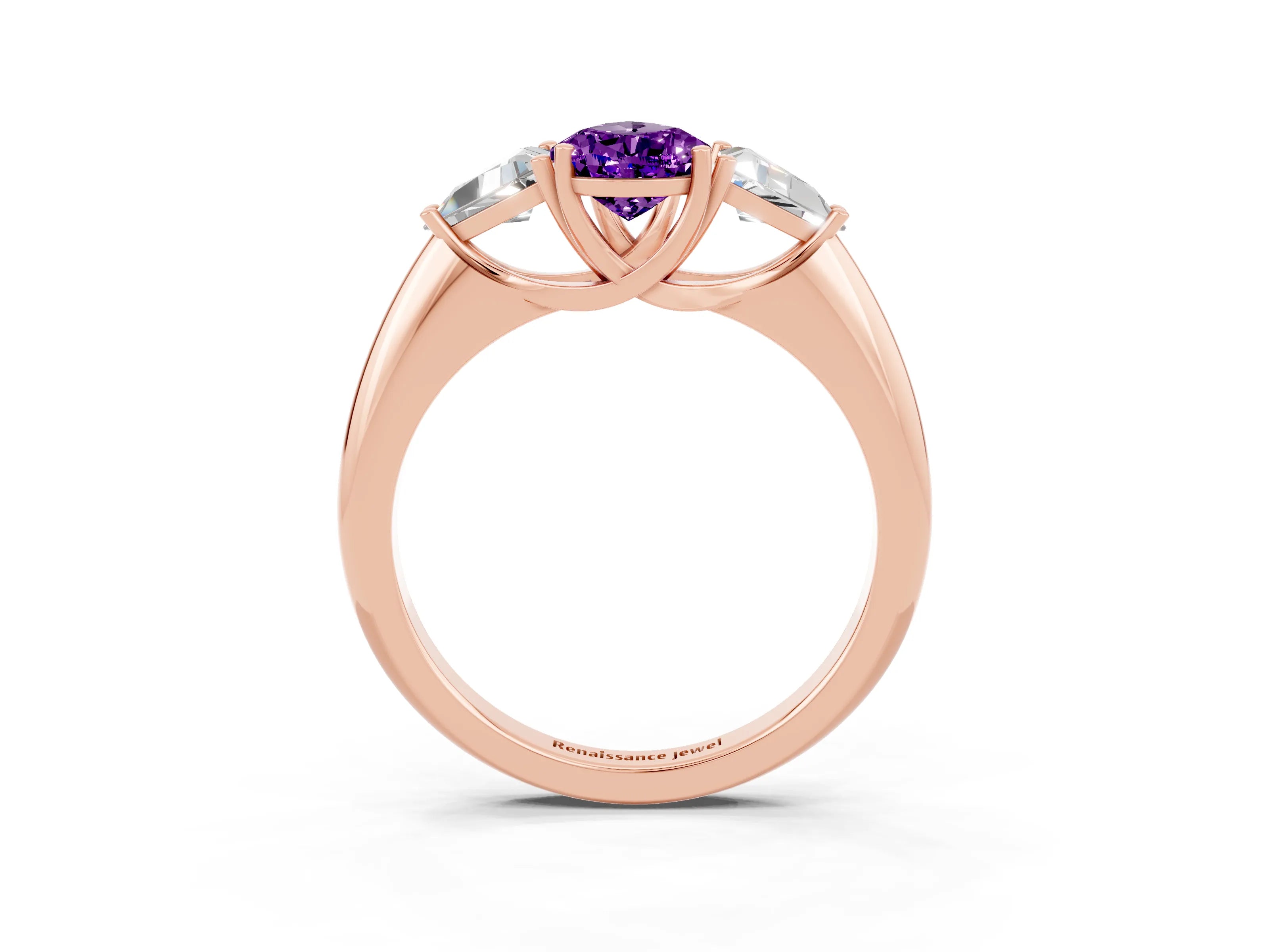 Rose gold Three-Stone Pear Cut Cut Diamond Ring with Trillion Side Stones and Four-Prong Setting_3