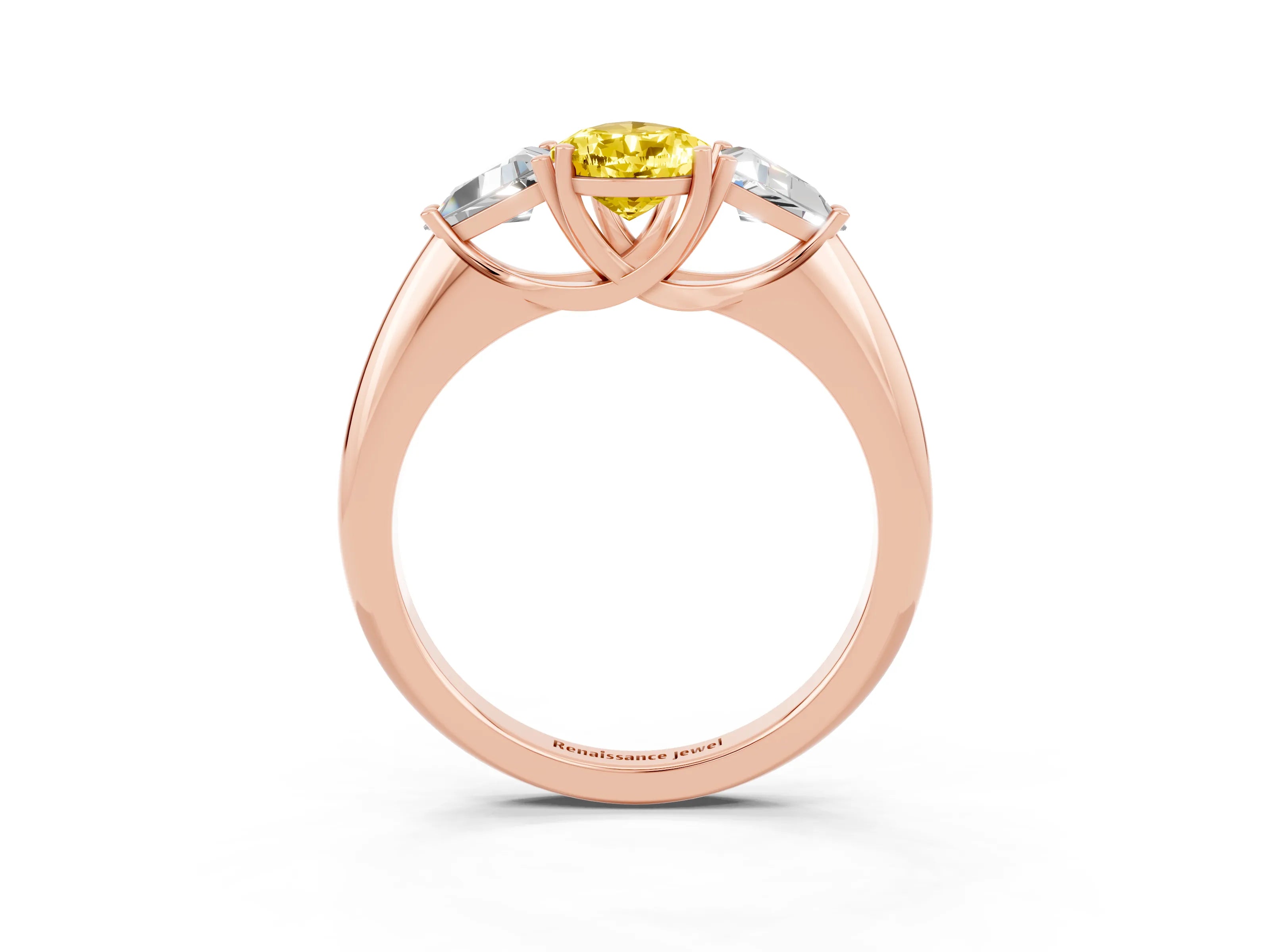 Rose gold Three-Stone Pear Cut Cut Diamond Ring with Trillion Side Stones and Four-Prong Setting_3
