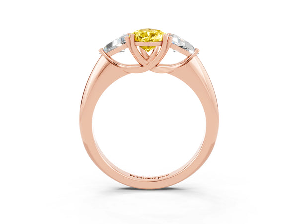 Rose gold Three-Stone Pear Cut Yellow Sapphire Engagement Ring with Trillion Side Stones and Prong Setting