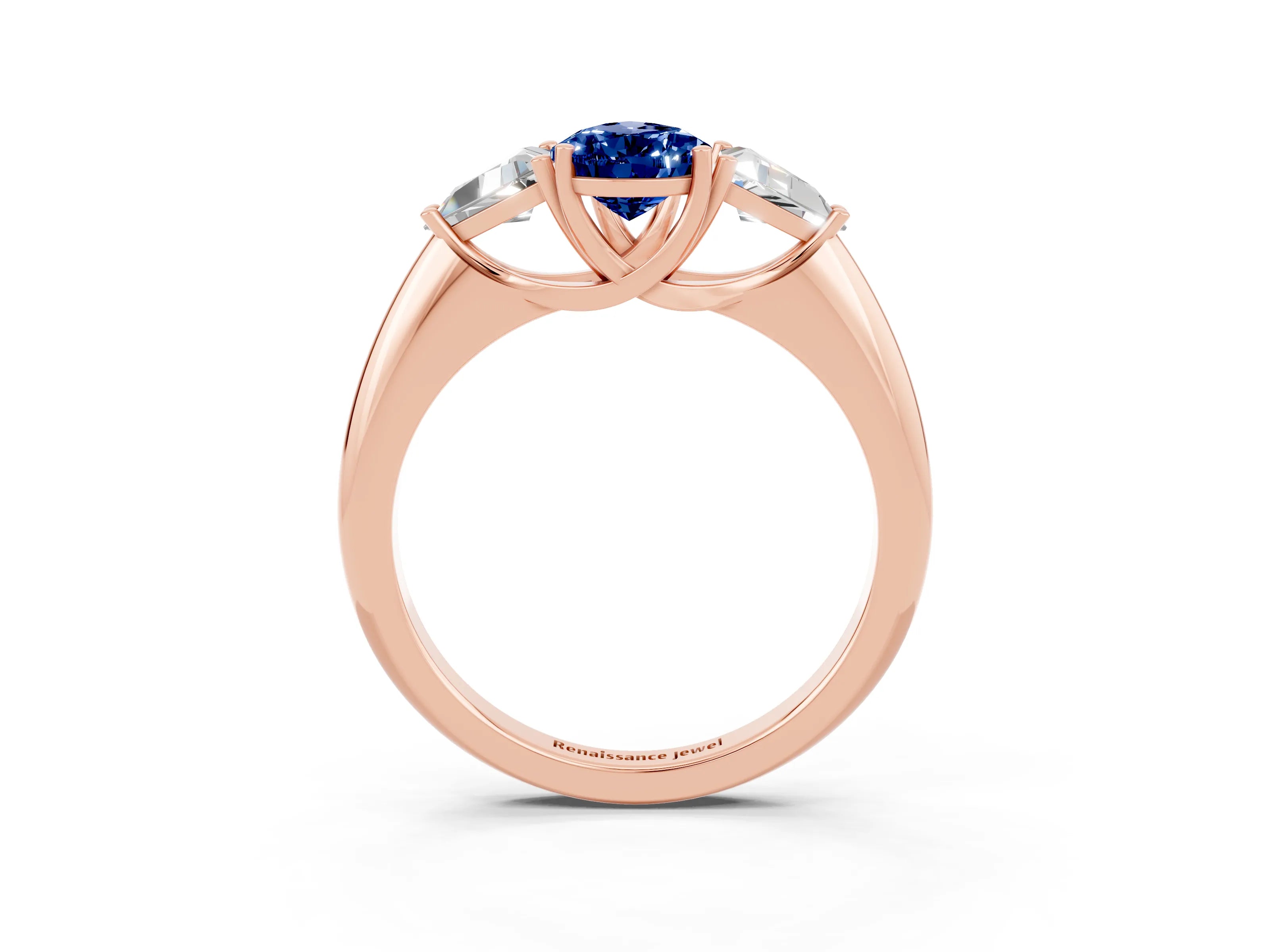 Rose gold Three-Stone Pear Cut Cut Diamond Ring with Trillion Side Stones and Four-Prong Setting_3