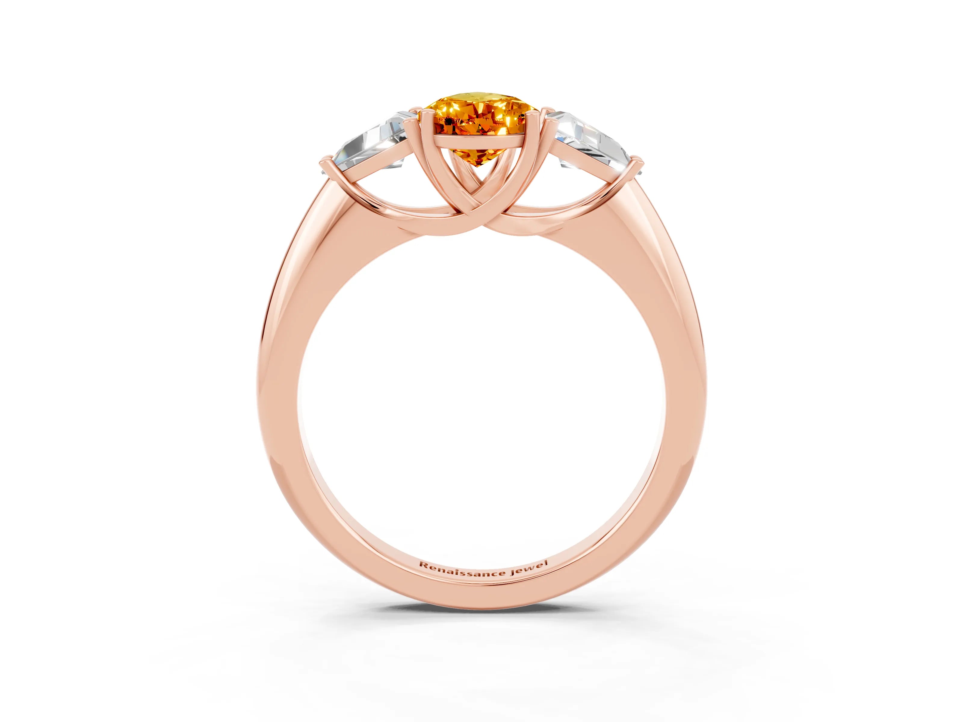 Rose gold Three-Stone Pear Cut Cut Diamond Ring with Trillion Side Stones and Four-Prong Setting_3