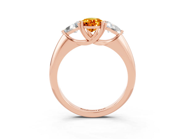 Rose gold Three-Stone Pear Cut Citrine Engagement Ring with Trillion Side Stones and Prong Setting