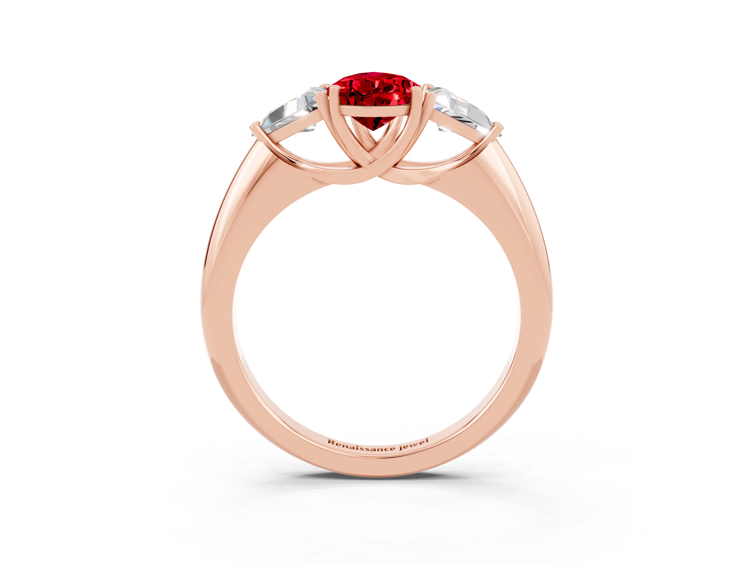 Rose gold Three-Stone Pear Cut Cut Diamond Ring with Trillion Side Stones and Four-Prong Setting_3