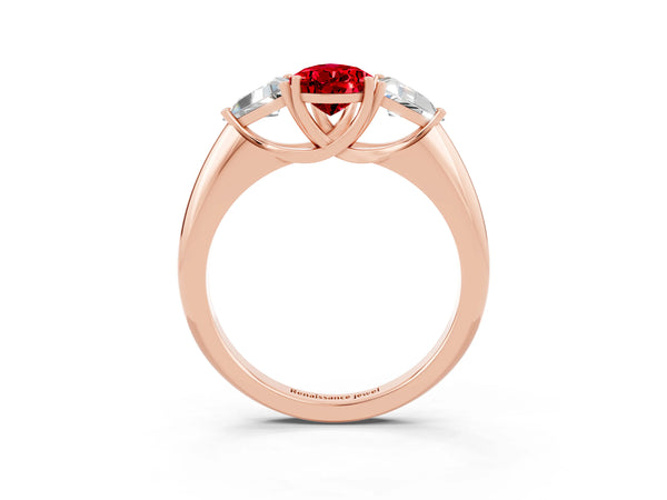 Rose gold Three-Stone Pear Cut Cut Diamond Ring with Trillion Side Stones and Four-Prong Setting