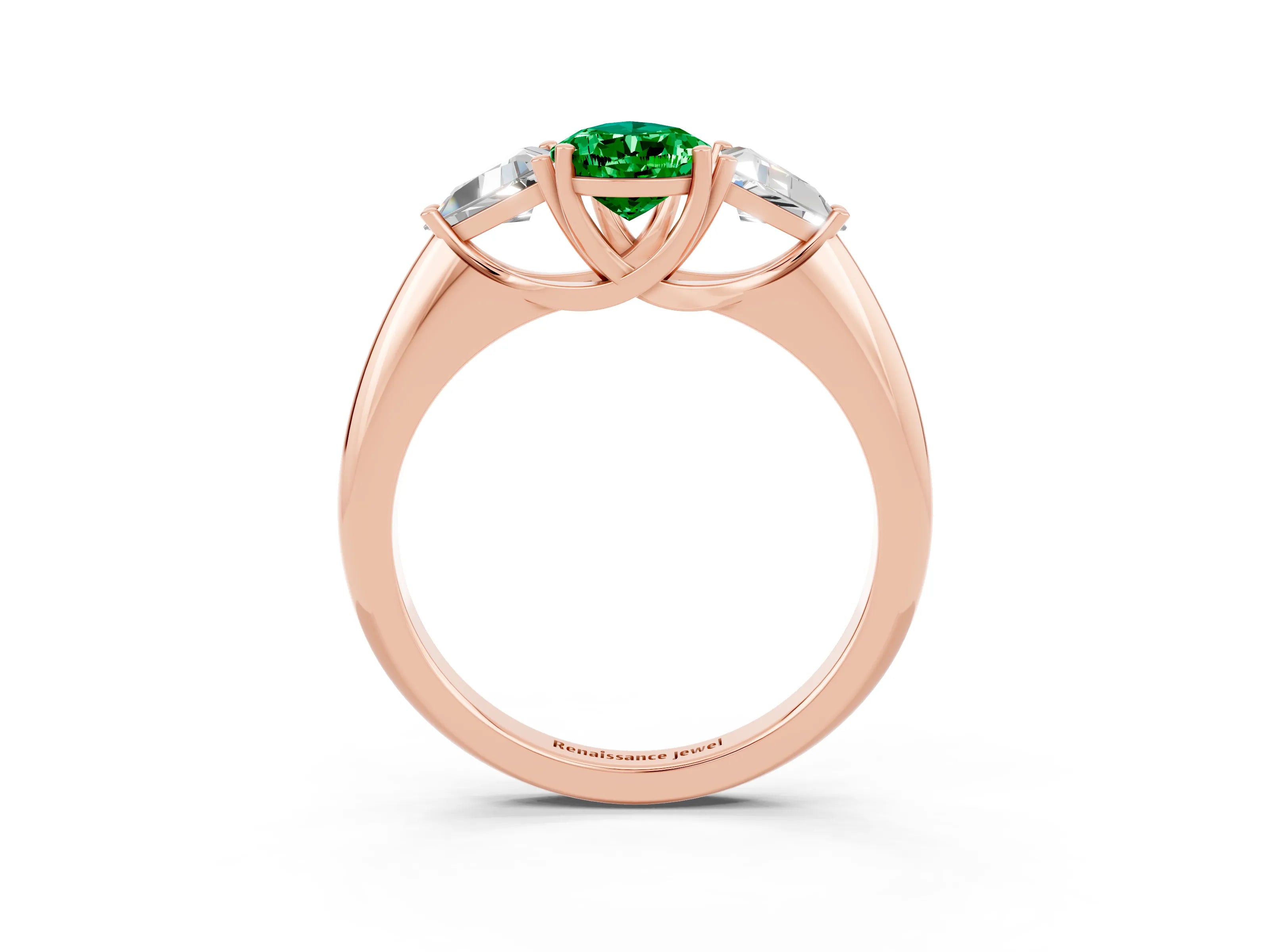 Rose gold Three-Stone Pear Cut Cut Diamond Ring with Trillion Side Stones and Four-Prong Setting_3