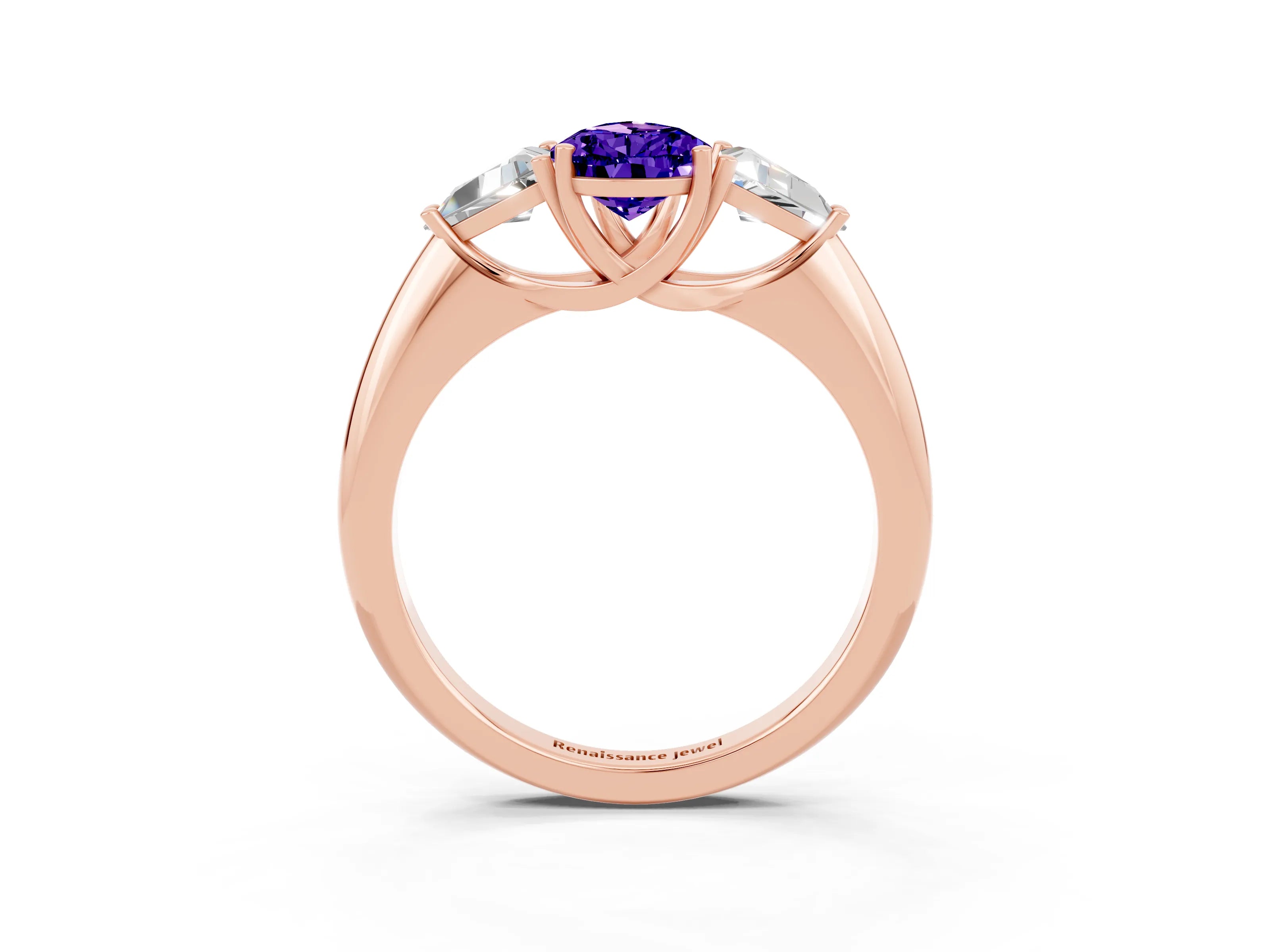 Rose gold Three-Stone Pear Cut Cut Diamond Ring with Trillion Side Stones and Four-Prong Setting_3