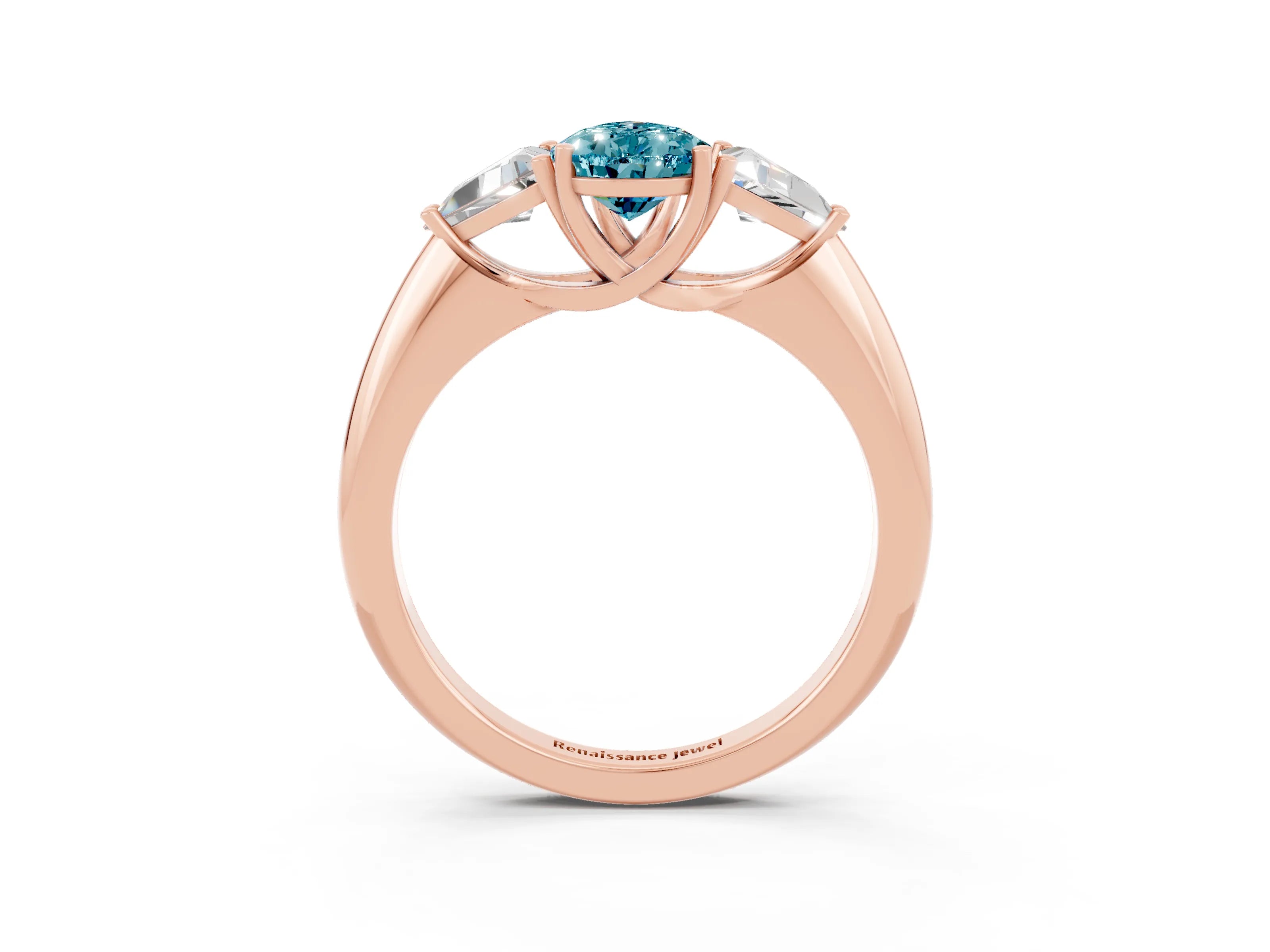 Rose gold Three-Stone Pear Cut Cut Diamond Ring with Trillion Side Stones and Four-Prong Setting_3