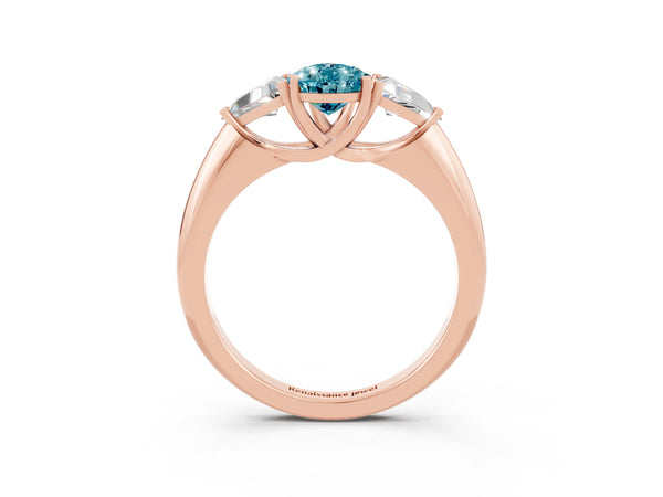 Rose gold Three-Stone Pear Cut Cut Diamond Ring with Trillion Side Stones and Four-Prong Setting