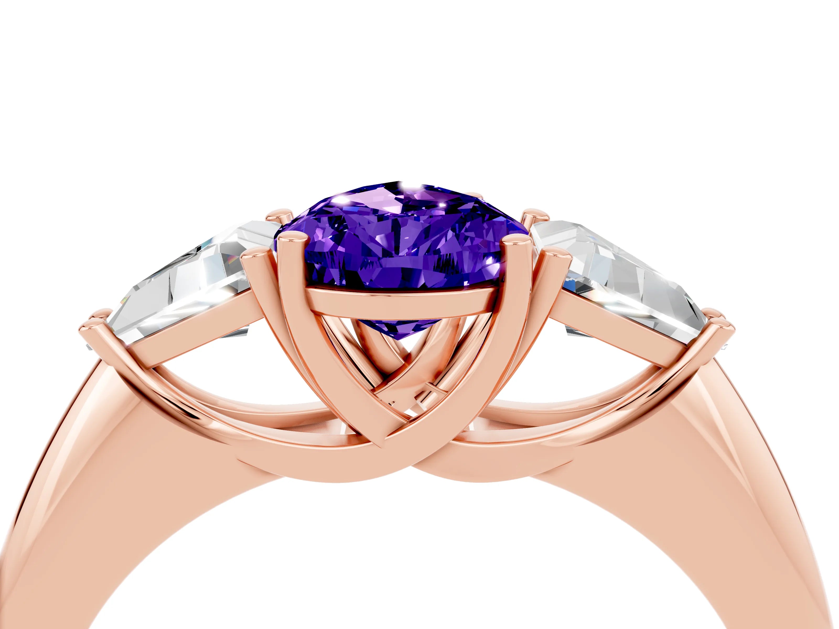 Rose gold Three-Stone Pear Cut Cut Diamond Ring with Trillion Side Stones and Four-Prong Setting_4