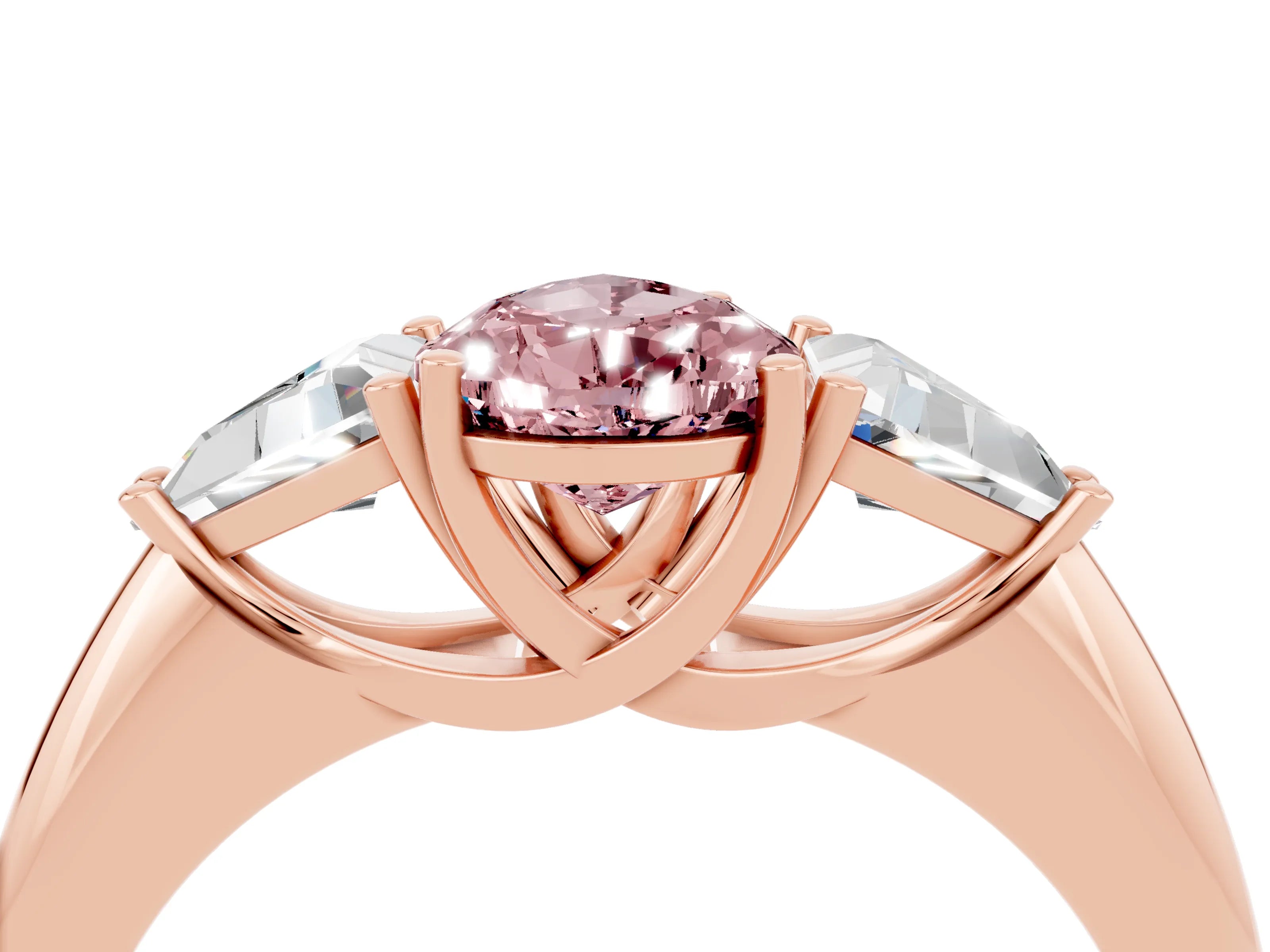 Rose gold Three-Stone Pear Cut Cut Diamond Ring with Trillion Side Stones and Four-Prong Setting_4