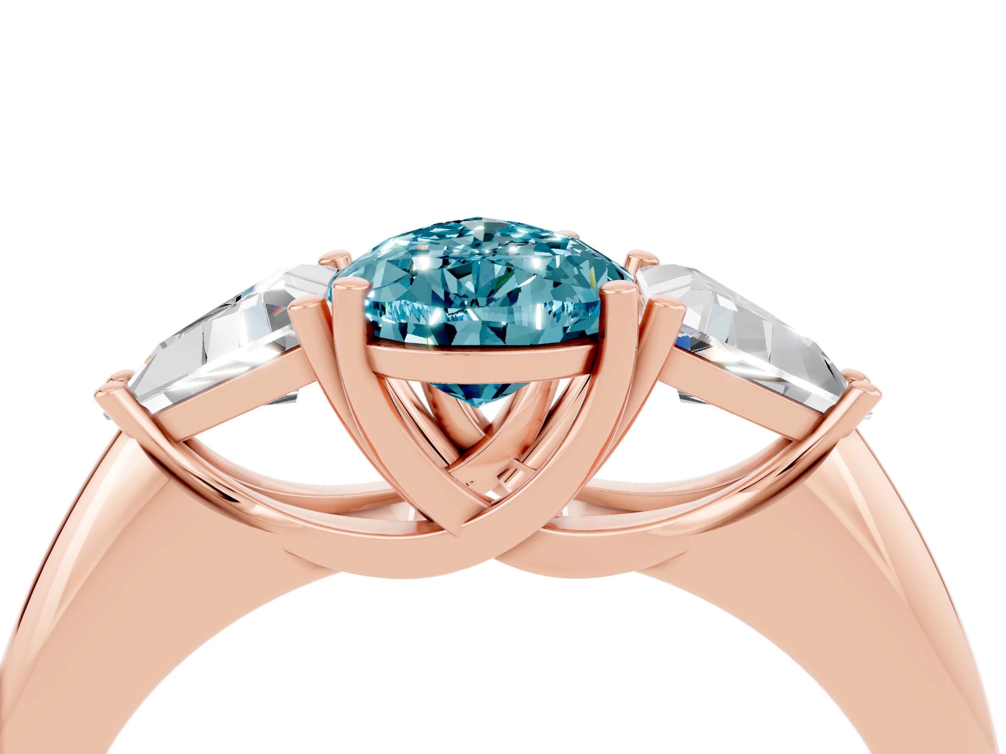 Rose gold Three-Stone Pear Cut Cut Diamond Ring with Trillion Side Stones and Four-Prong Setting_4