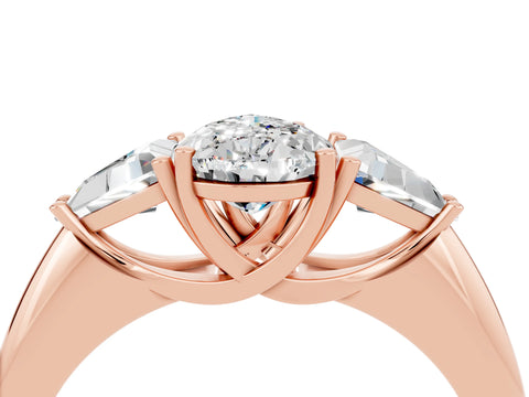 Rose gold Three-Stone Pear Cut Cut Diamond Ring with Trillion Side Stones and Four-Prong Setting_4