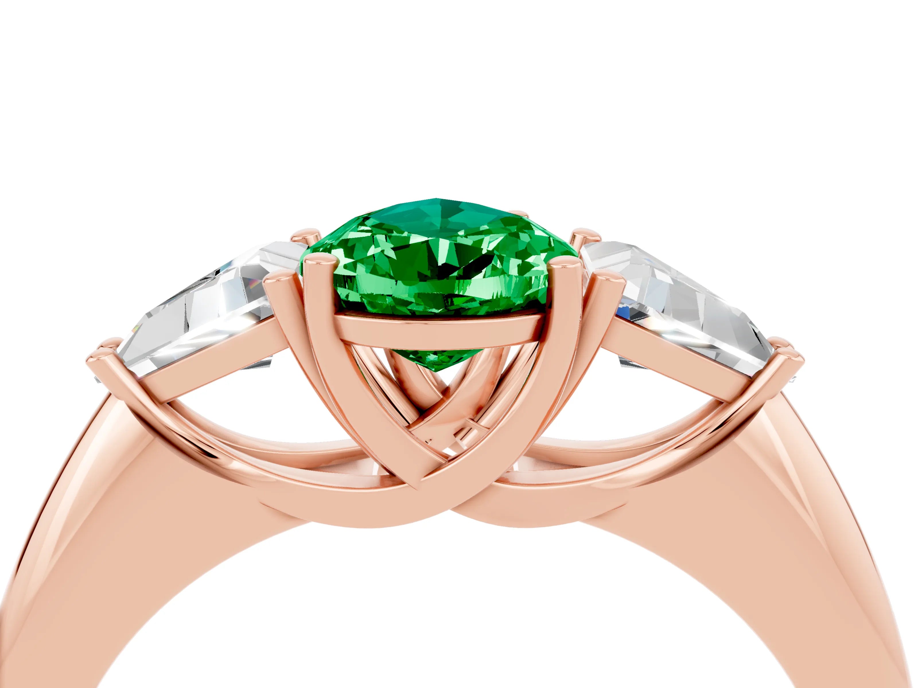 Rose gold Three-Stone Pear Cut Cut Diamond Ring with Trillion Side Stones and Four-Prong Setting_4