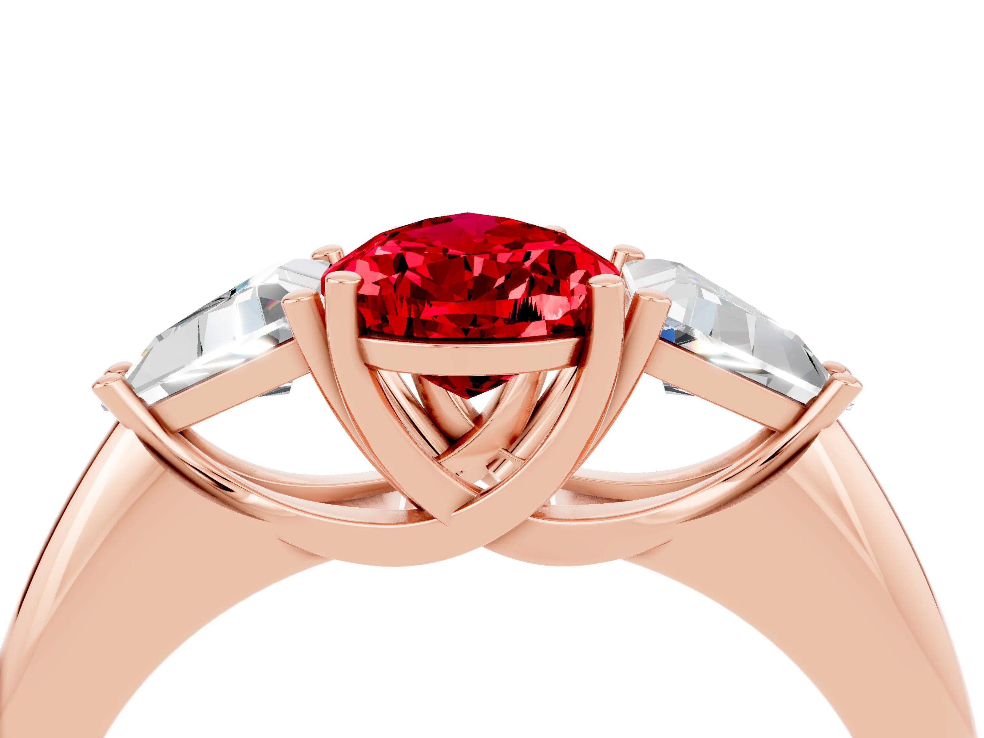 Rose gold Three-Stone Pear Cut Cut Diamond Ring with Trillion Side Stones and Four-Prong Setting_4