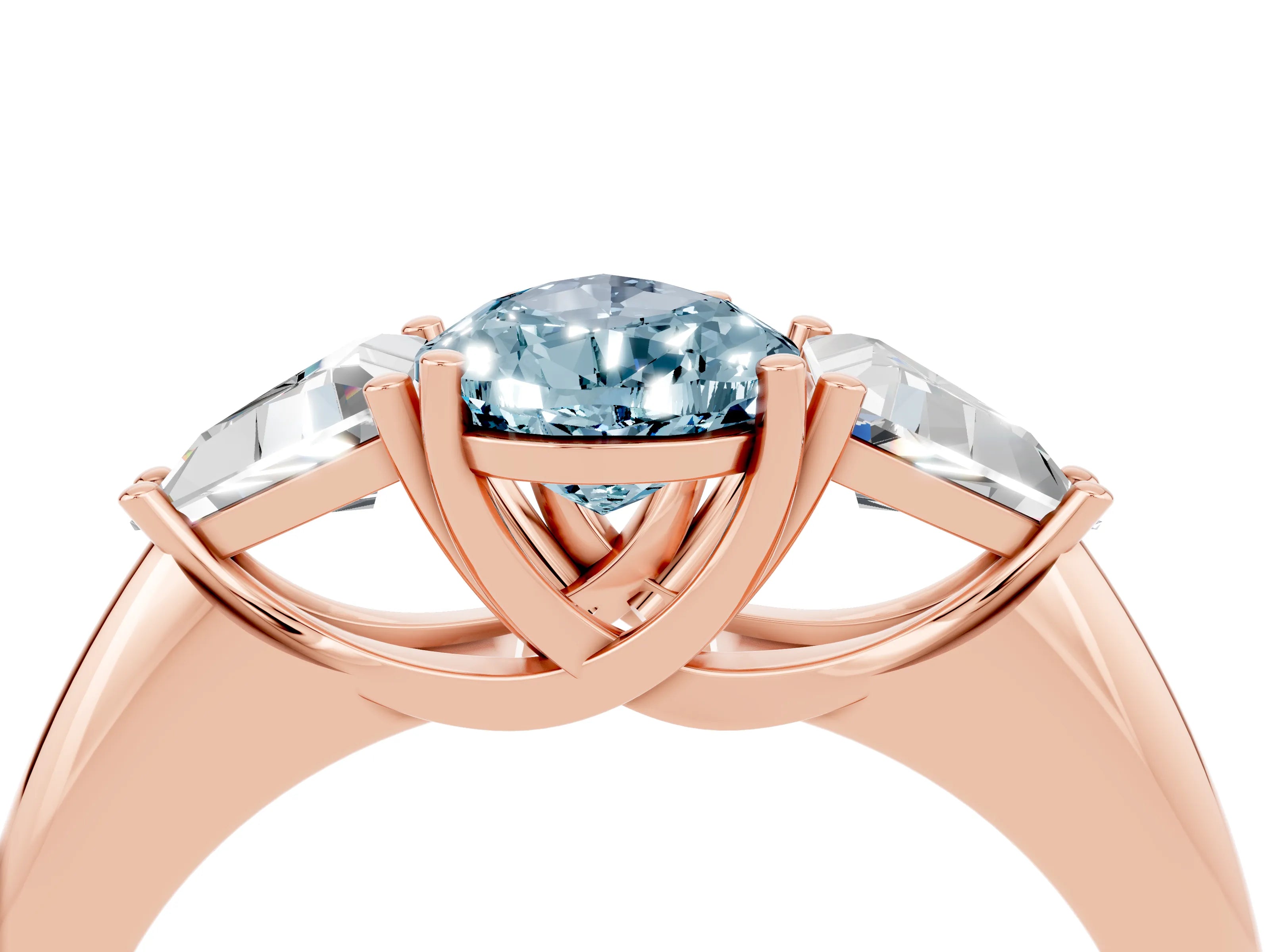 Rose gold Three-Stone Pear Cut Cut Diamond Ring with Trillion Side Stones and Four-Prong Setting_4