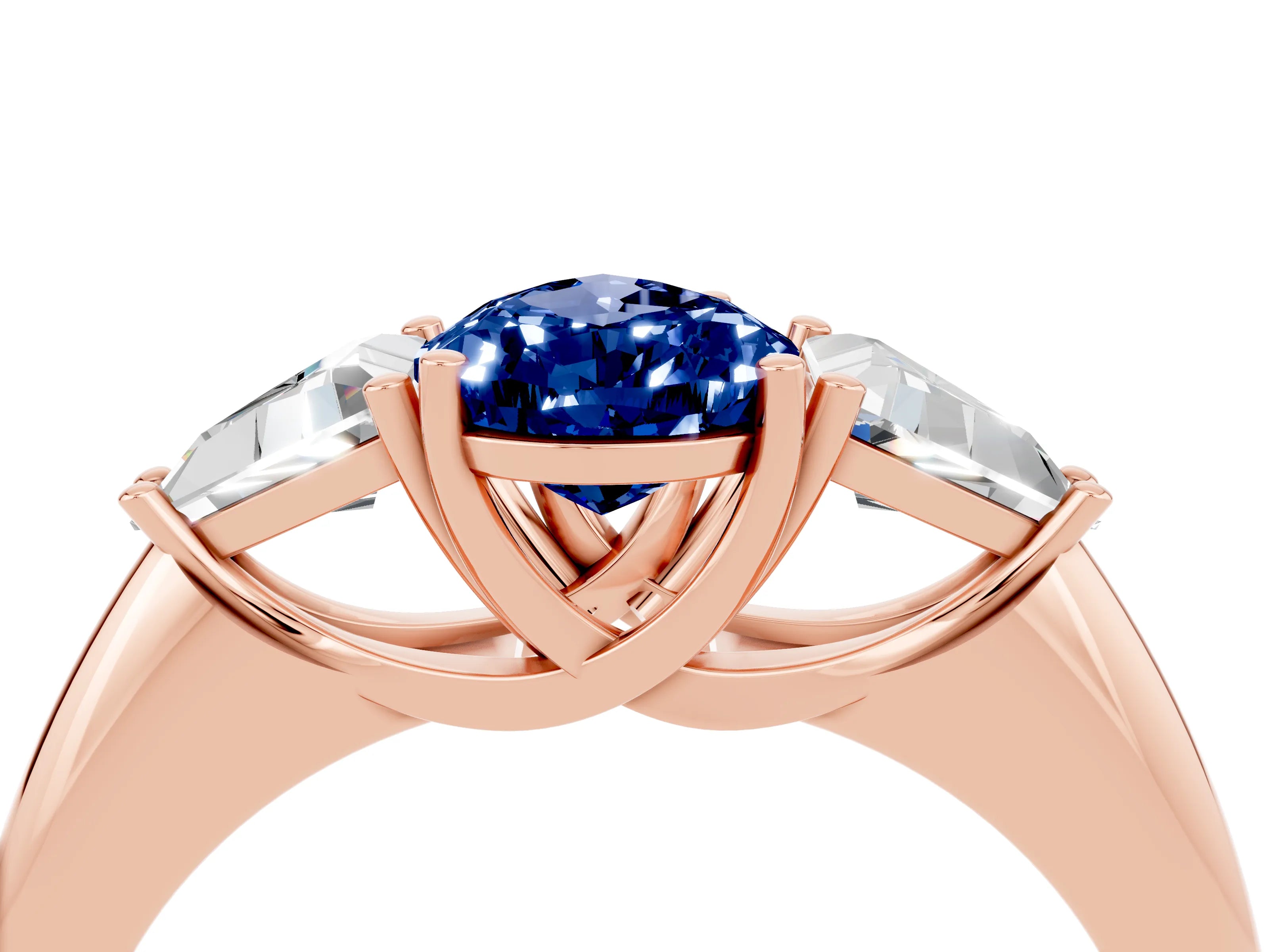 Rose gold Three-Stone Pear Cut Cut Diamond Ring with Trillion Side Stones and Four-Prong Setting_4