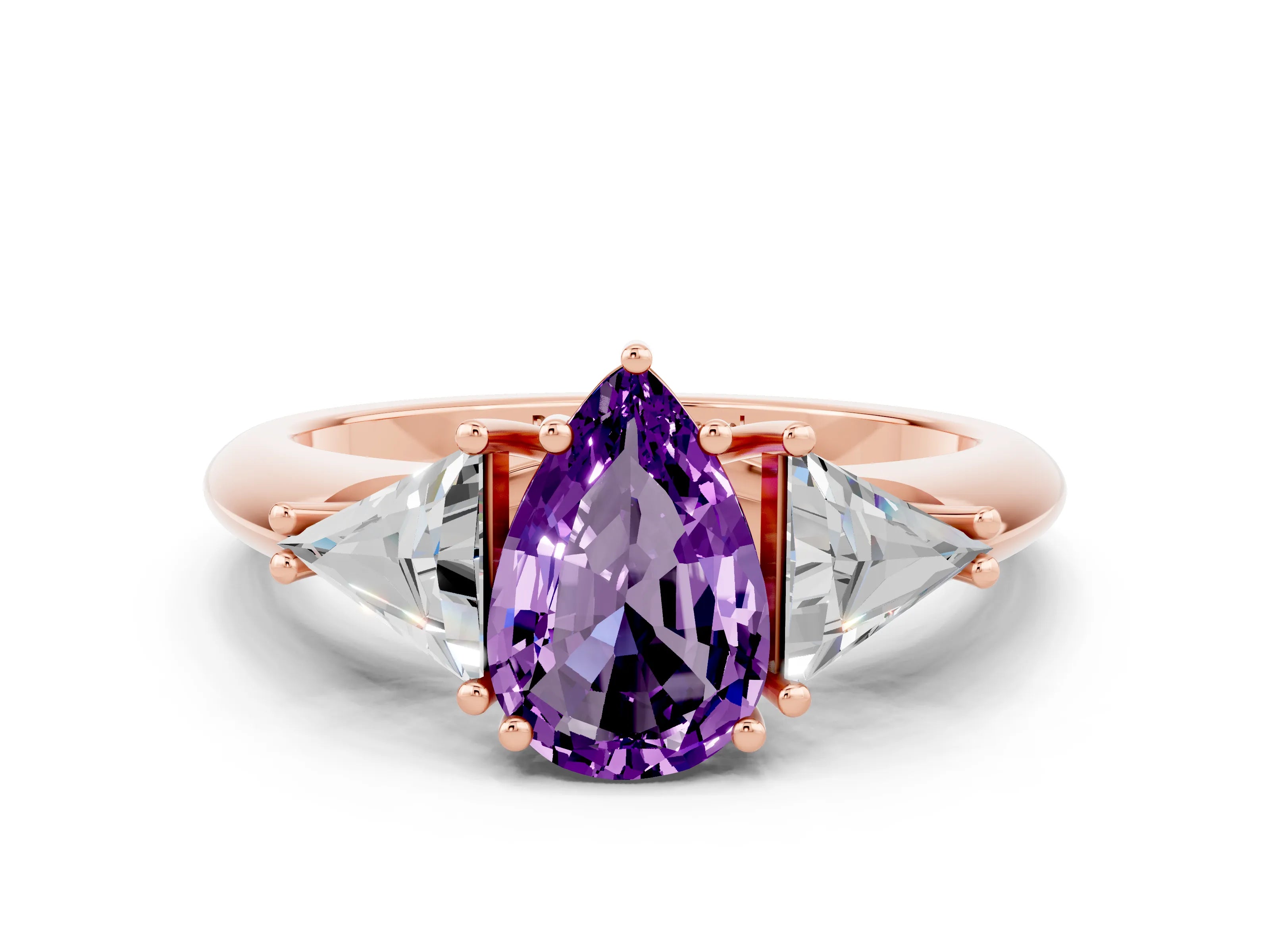 Rose gold Three-Stone Pear Cut Cut Diamond Ring with Trillion Side Stones and Four-Prong Setting