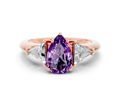 Rose gold Three-Stone Pear Cut Cut Diamond Ring with Trillion Side Stones and Four-Prong Setting
