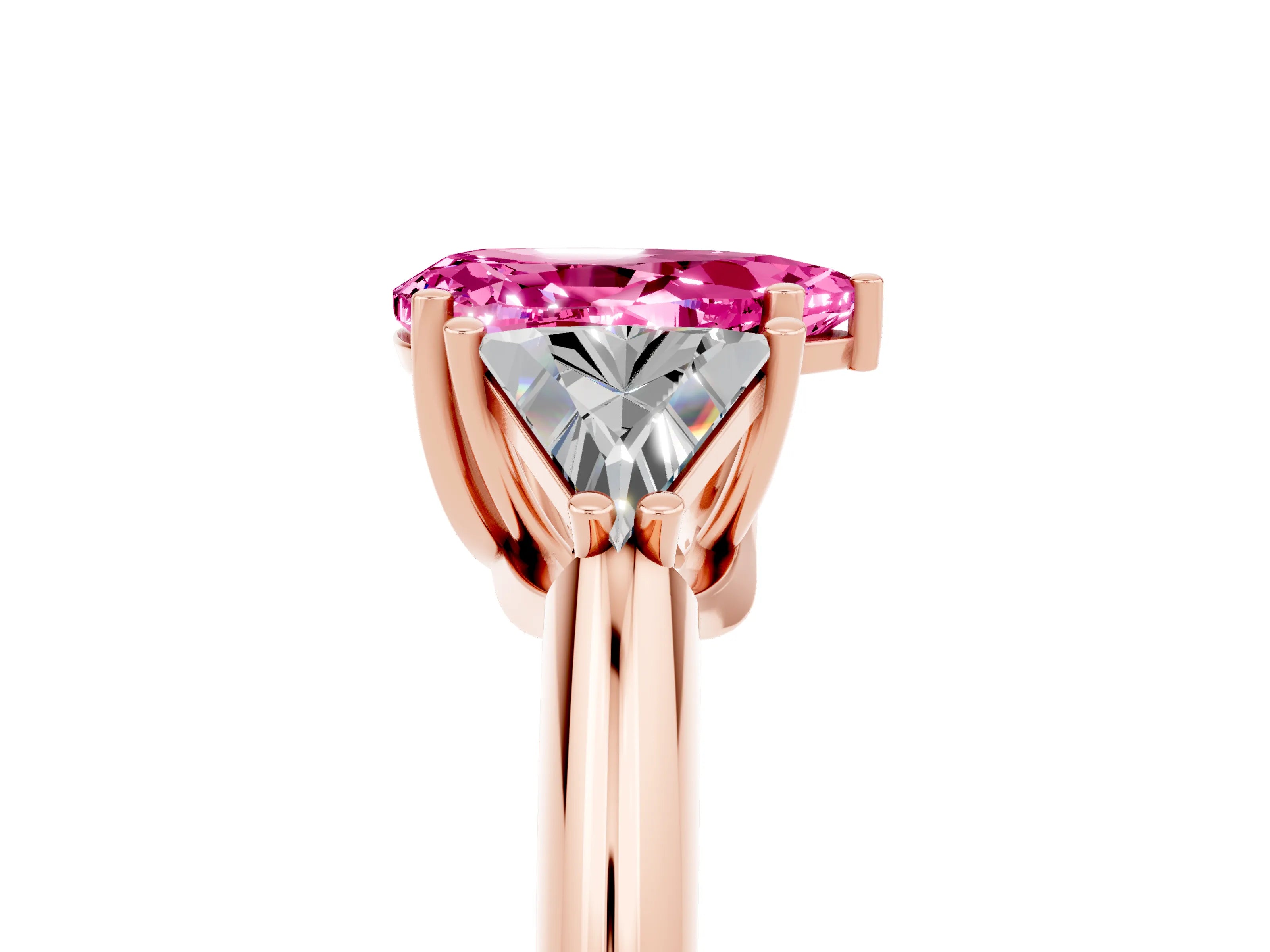 Rose gold Three-Stone Pear Cut Cut Diamond Ring with Trillion Side Stones and Four-Prong Setting_5