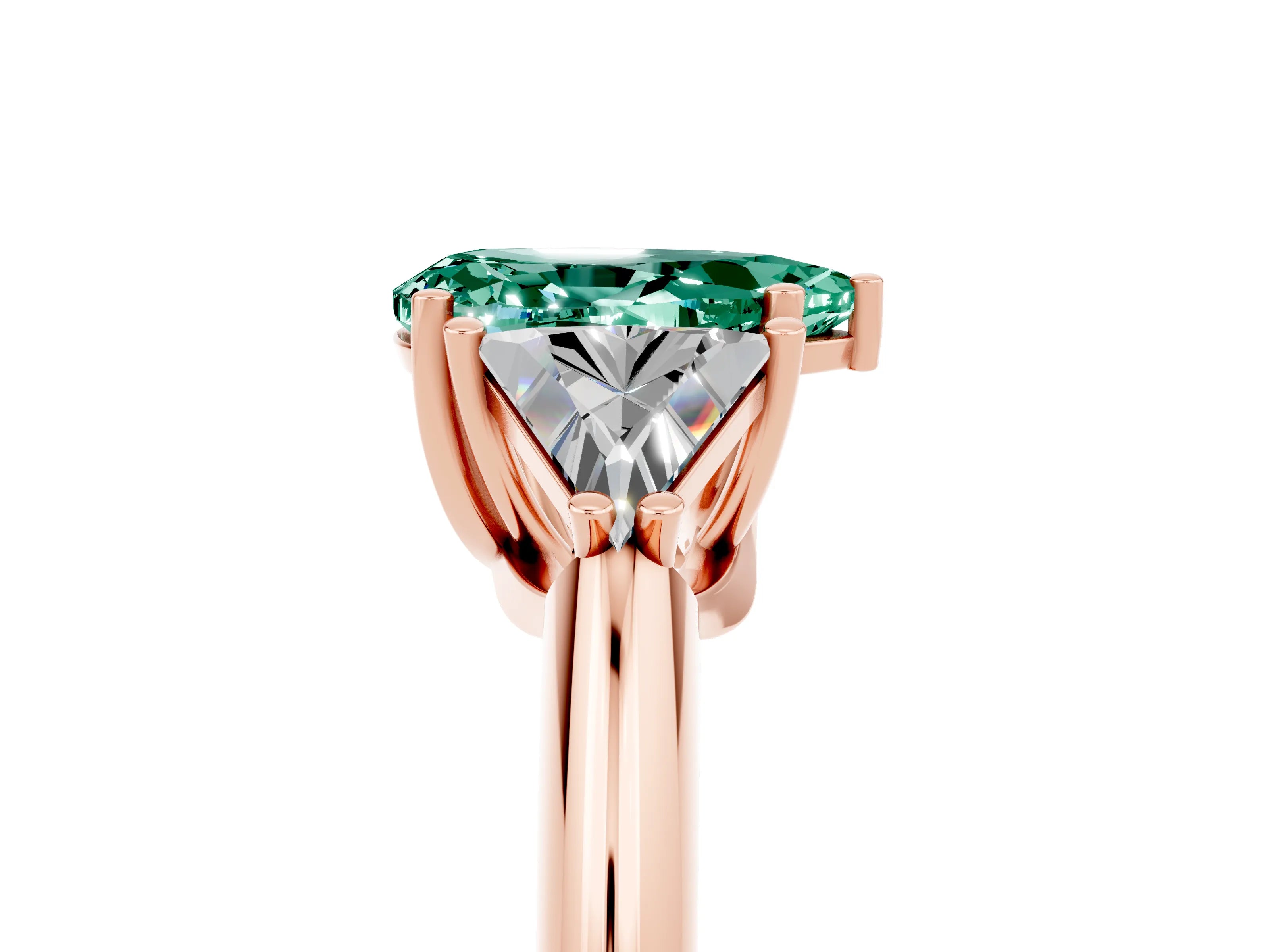 Rose gold Three-Stone Pear Cut Cut Diamond Ring with Trillion Side Stones and Four-Prong Setting_5
