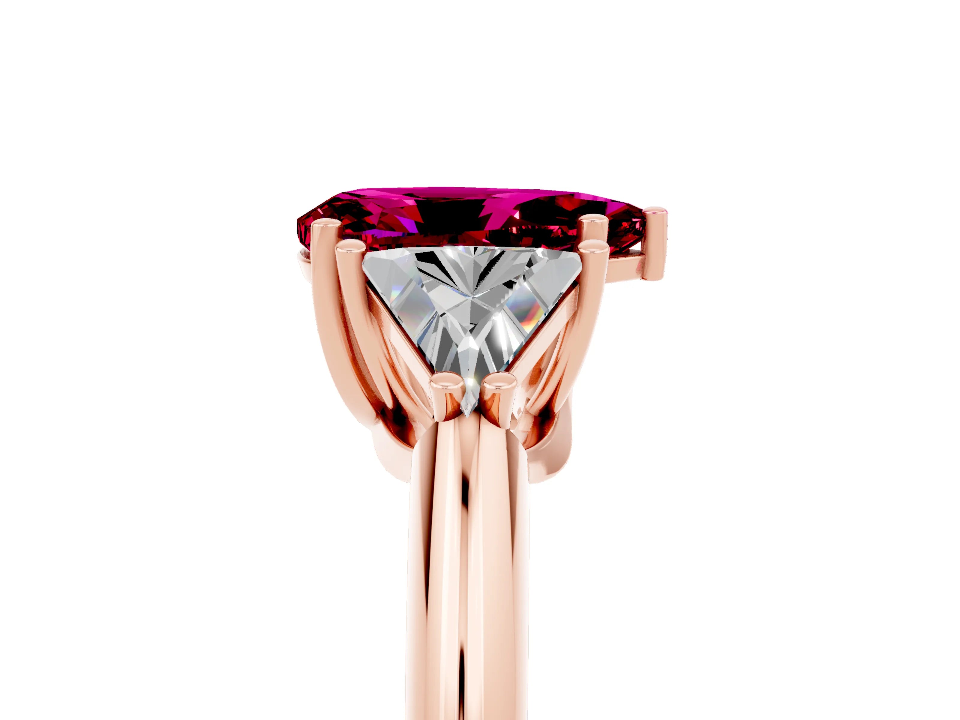 Rose gold Three-Stone Pear Cut Cut Diamond Ring with Trillion Side Stones and Four-Prong Setting_5