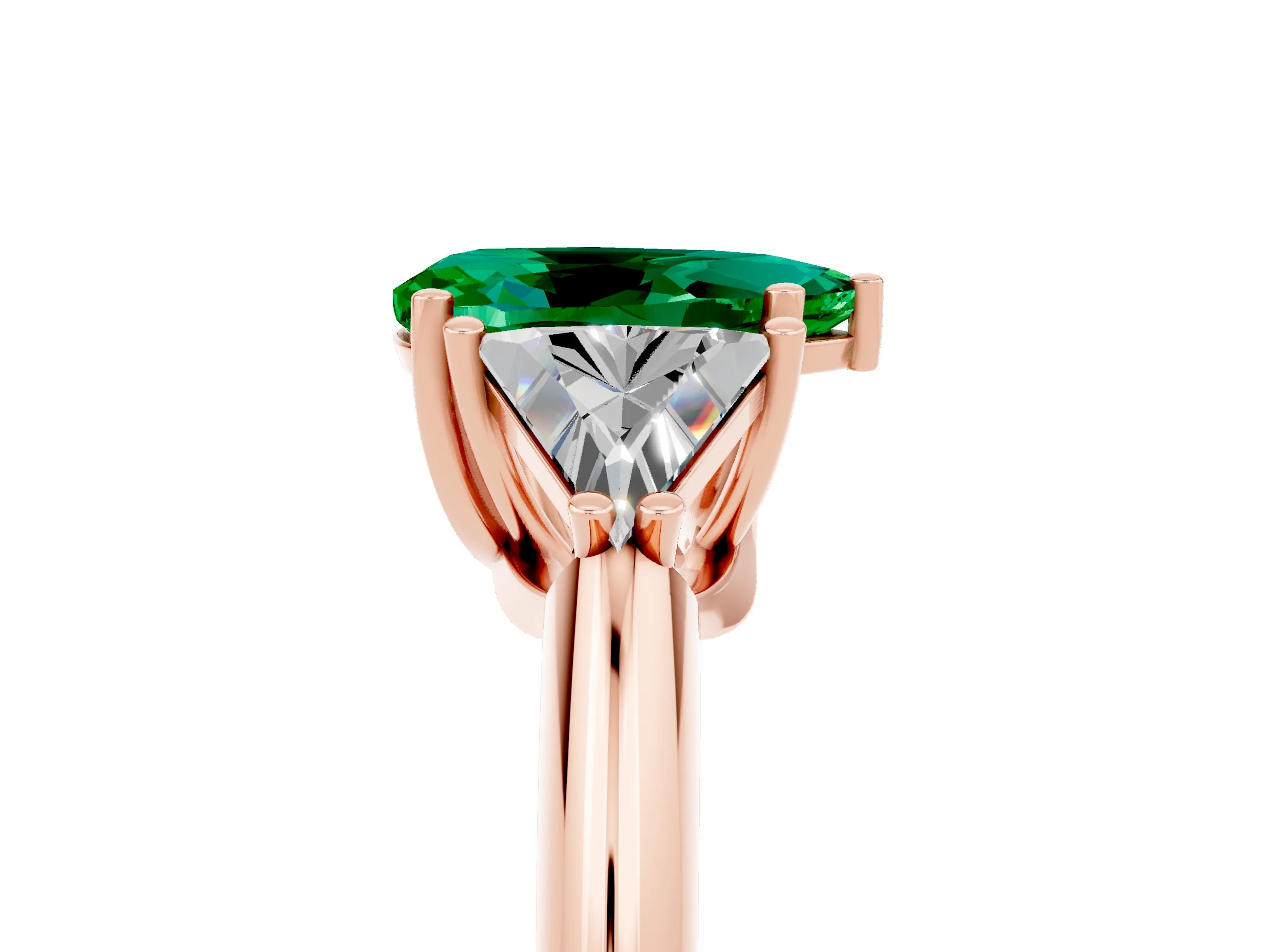 Rose gold Three-Stone Pear Cut Cut Diamond Ring with Trillion Side Stones and Four-Prong Setting_5