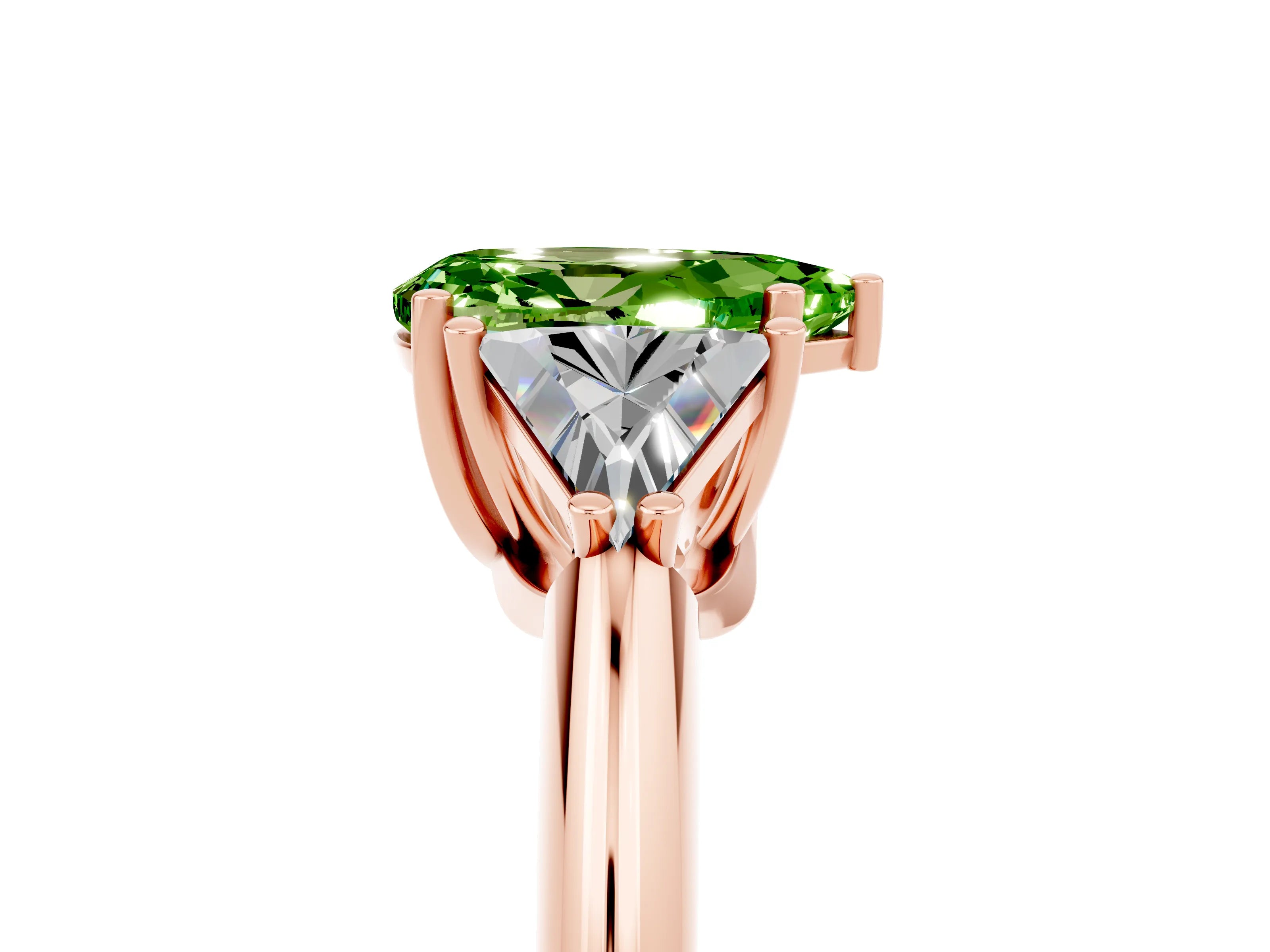 Rose gold Three-Stone Pear Cut Cut Diamond Ring with Trillion Side Stones and Four-Prong Setting_5